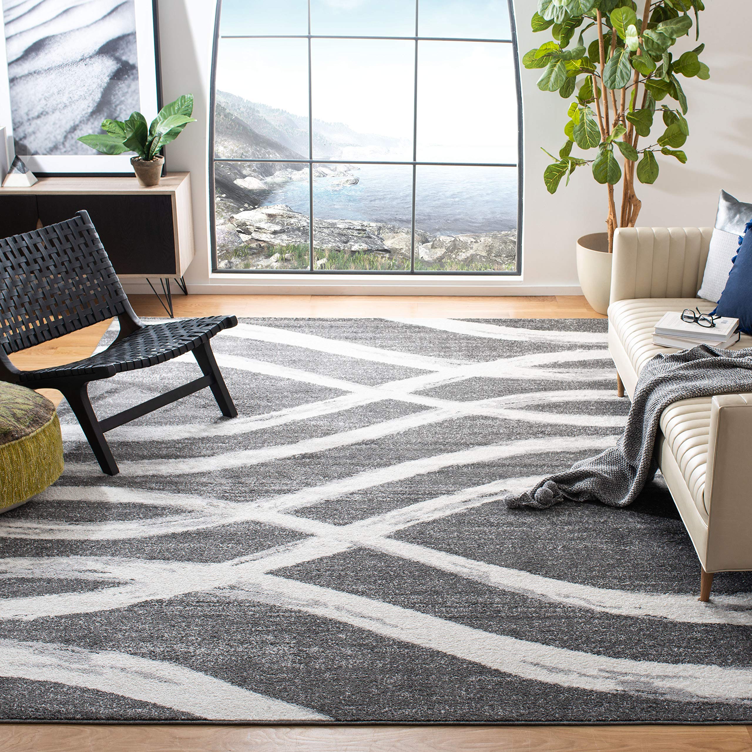 SAFAVIEH Adirondack Collection Area Rug - 9 x 12, Charcoal & Ivory, Modern Wave Distressed Design, Non-Shedding & Easy Care, I