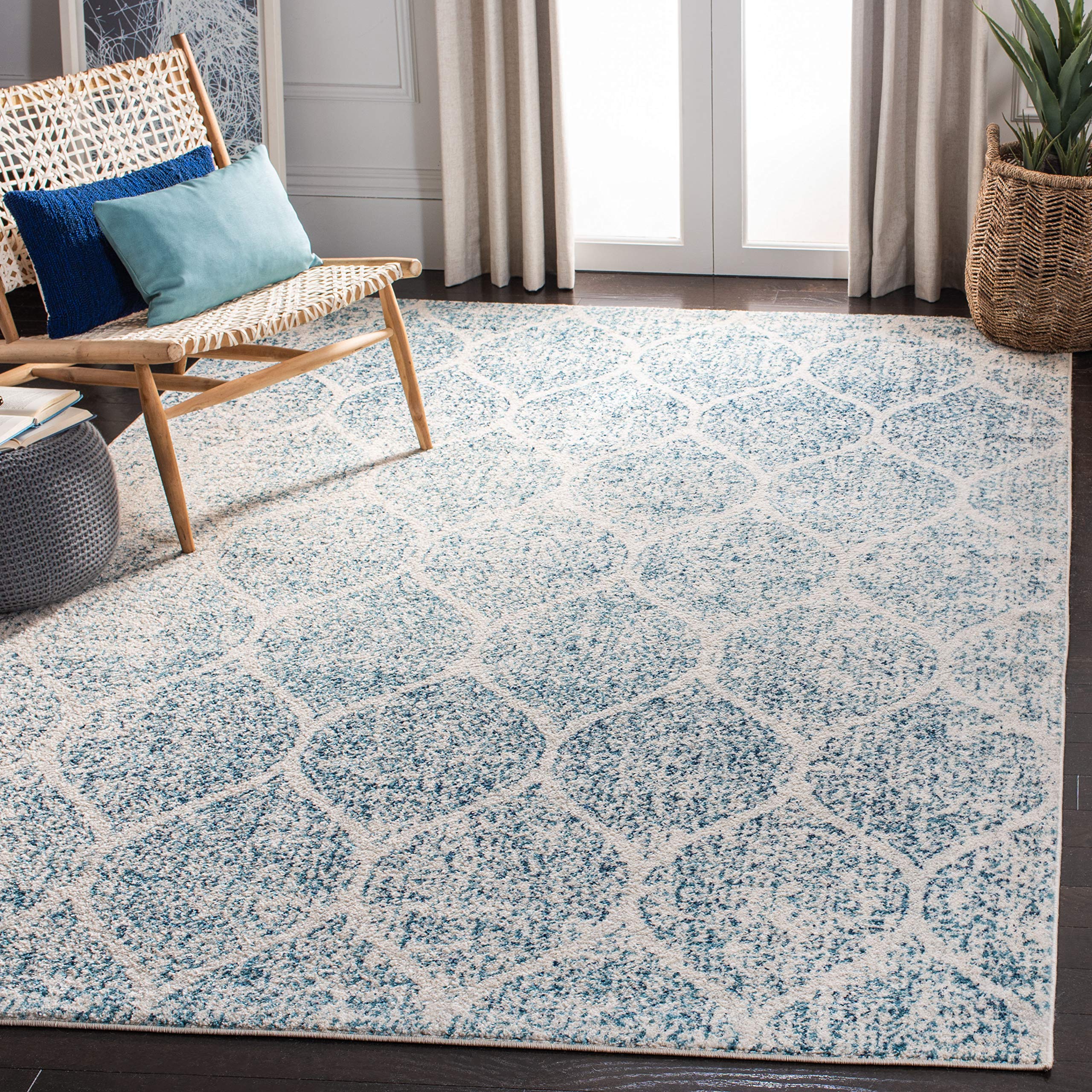 SAFAVIEH Madison Collection 53 Square Cream / Turquoise MAD604E Glam Ogee Trellis Distressed Non-Shedding Living Room Bedroom A