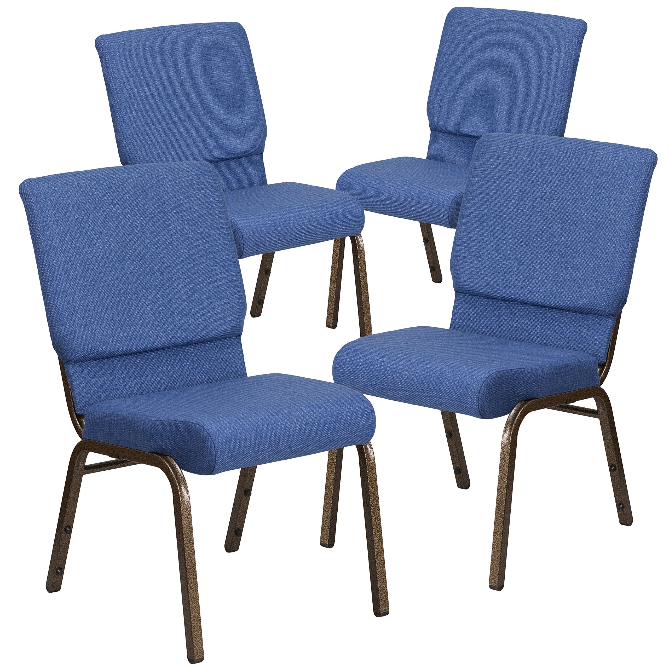 4 Pk. 18.5W Blue Fabric Stacking Church Chair - Gold Vein Frame