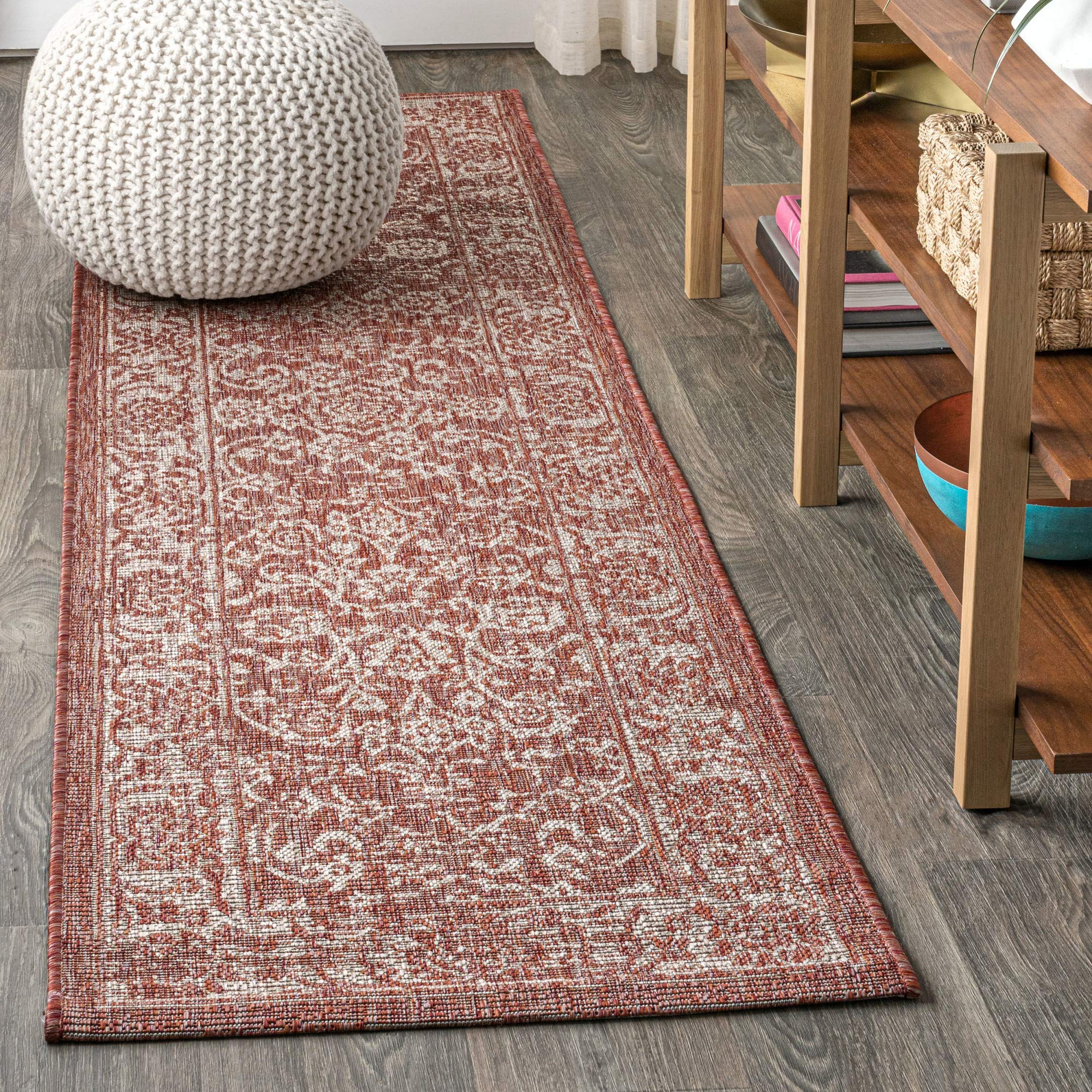 Jonathan Y Smb100A-28 Tela Bohemian Textured Weave Floral Indoor/Outdoor Red/Taupe 2 Ft. X 8 Ft. Runner Rug, Coastal,Easycleaning,Hightraffic,Livingroom,Backyard, Non Shedding