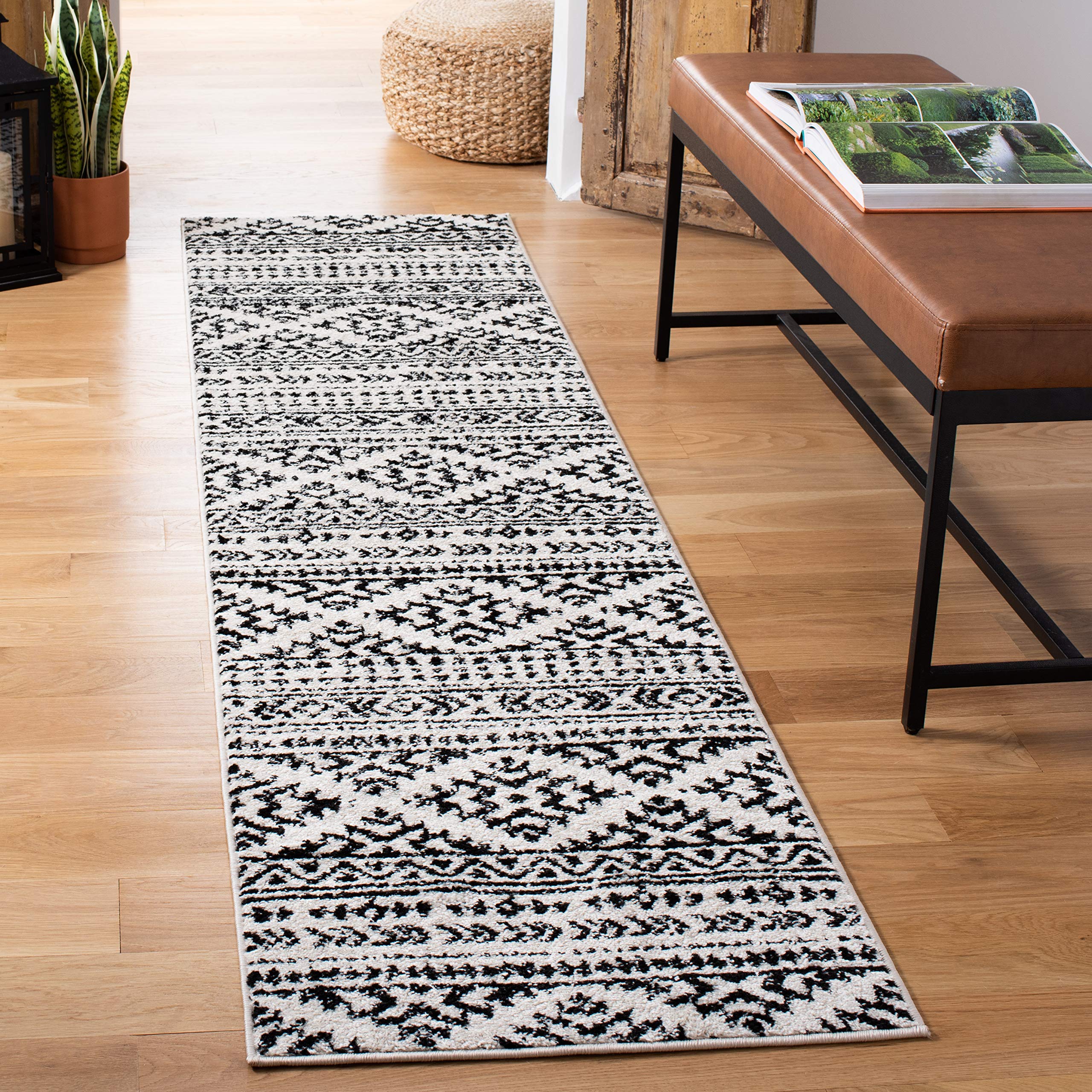 SAFAVIEH Tulum Collection Runner Rug - 2 x 21, Ivory & Black, Moroccan Boho Tribal Design, Non-Shedding & Easy Care, Ideal for