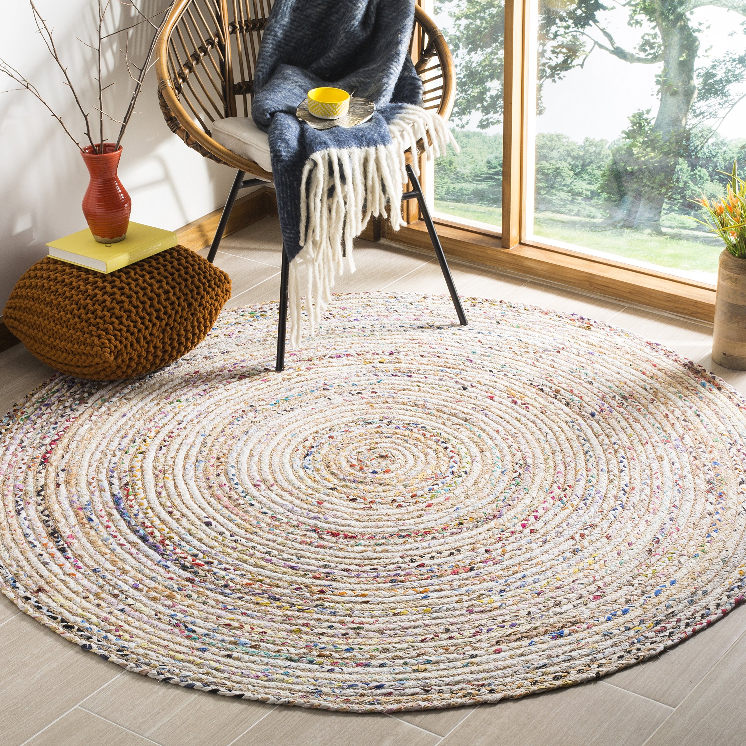 SAFAVIEH Cape Cod Collection Area Rug - 6 Round, Beige & Multi, Handmade Boho Braided Jute & Cotton, Ideal for High Traffic Are