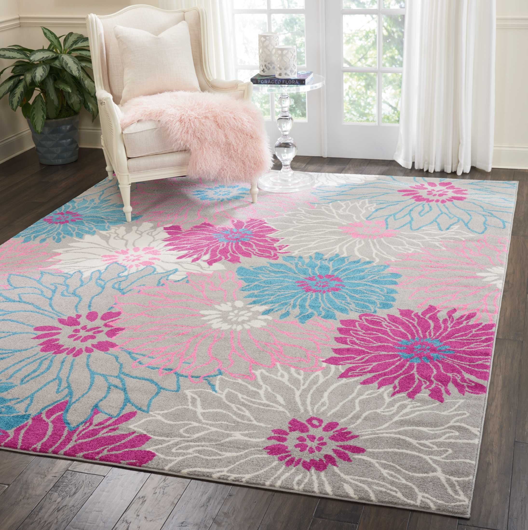 Nourison Passion Grey 8' X 10' Area Rug, Floral, Farmhouse, Easy Cleaning, Non Shedding, Bed Room, Living Room, Dining Room, Kit