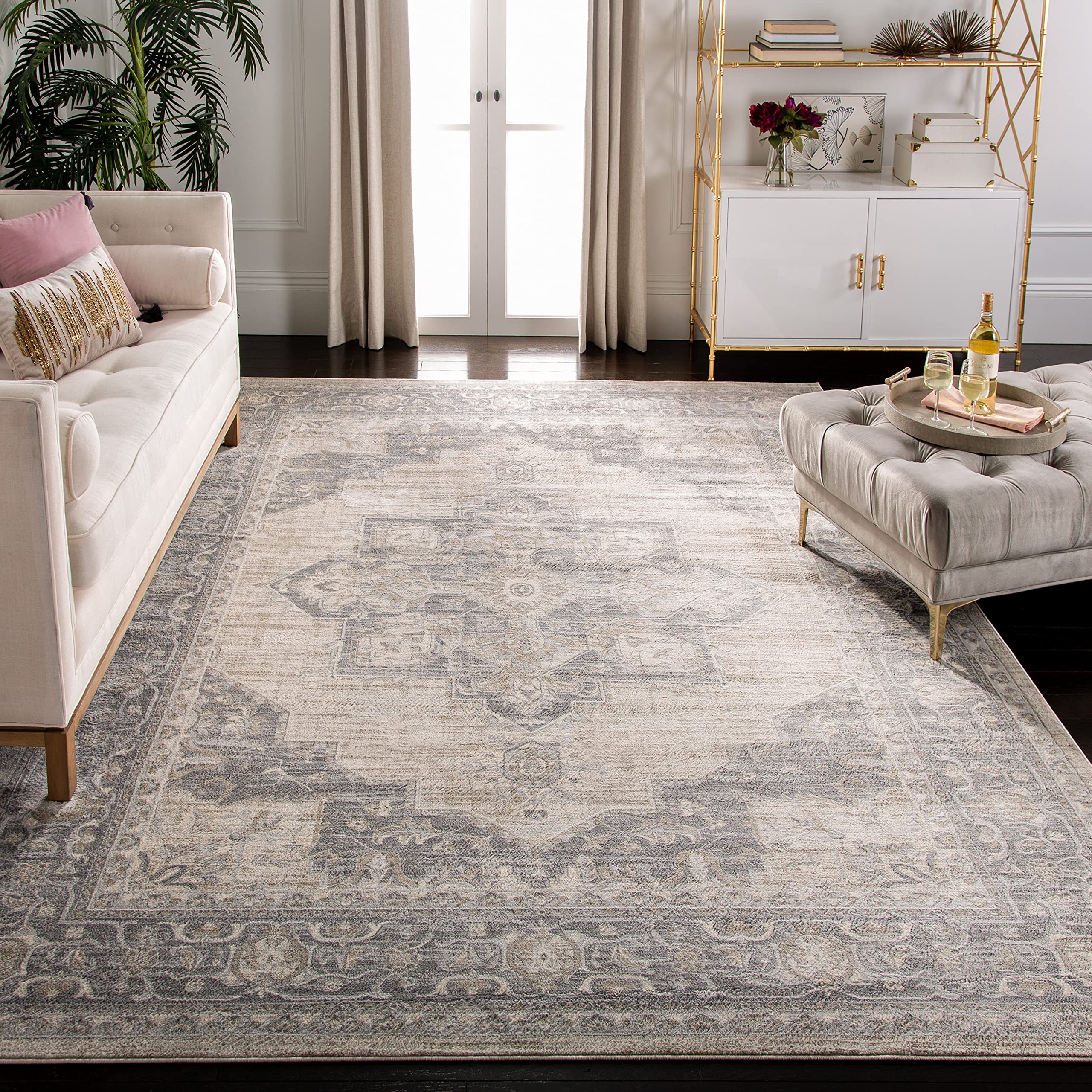 SAFAVIEH Brentwood Collection Area Rug - 10 Square, Cream & Grey, Medallion Distressed Design, Non-Shedding & Easy Care, Ideal 