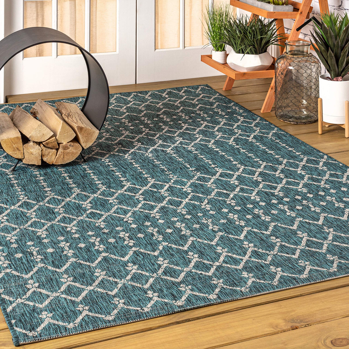 JONATHAN Y SMB108C-14 Ourika Moroccan Geometric Textured Weave Teal/Gray 10 ft. x 14 ft. Indoor/Outdoor Area Rug, Pet Friendly, 