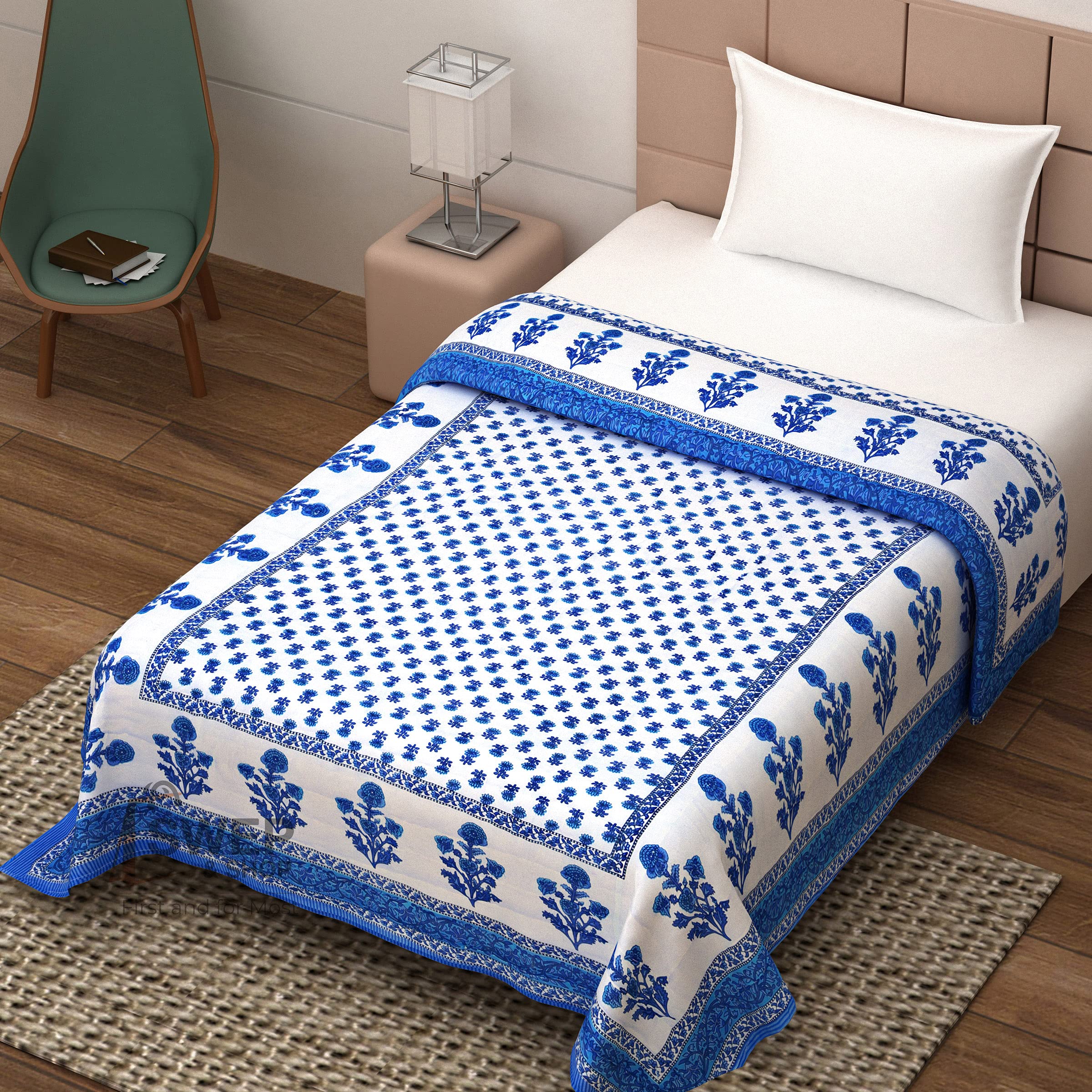 Namaste India Jaipuri Razai Palm Tree Designer Handmade Single Bed Quilt Cotton Reversible Comforter Printed Blanket Size (60X90