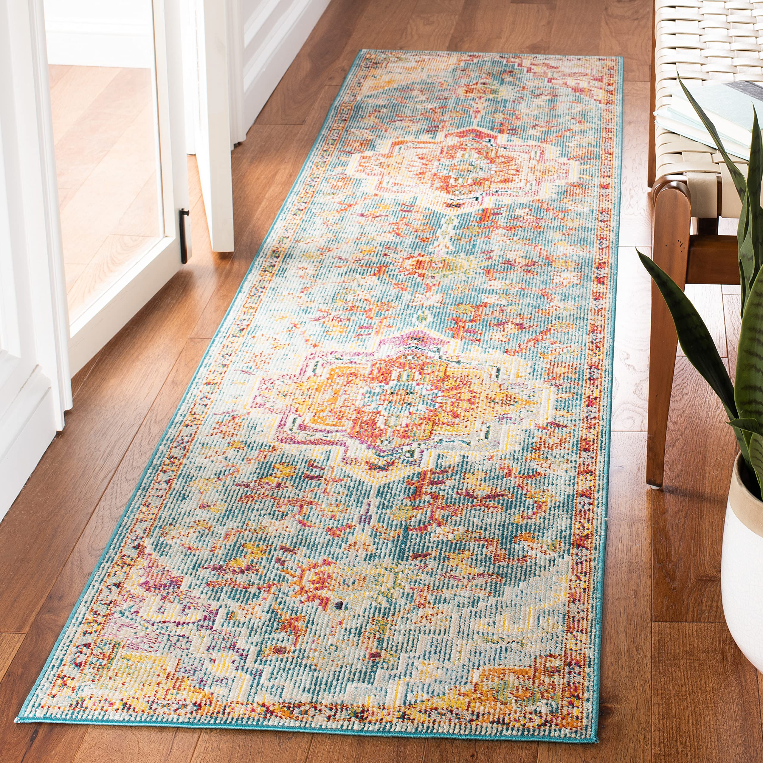 Safavieh Crystal Collection Runner Rug - 22 x 21, Orange & Teal, Medallion Distressed Design, Non-Shedding & Easy Care, Ideal 