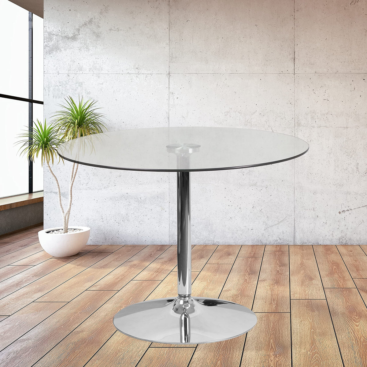 Flash Furniture Hills 39.25'' Round Glass Dining Table with 29''H Chrome Base, Decorative Narrow Round Tempered Glass Cocktail Table, Clear/Silver