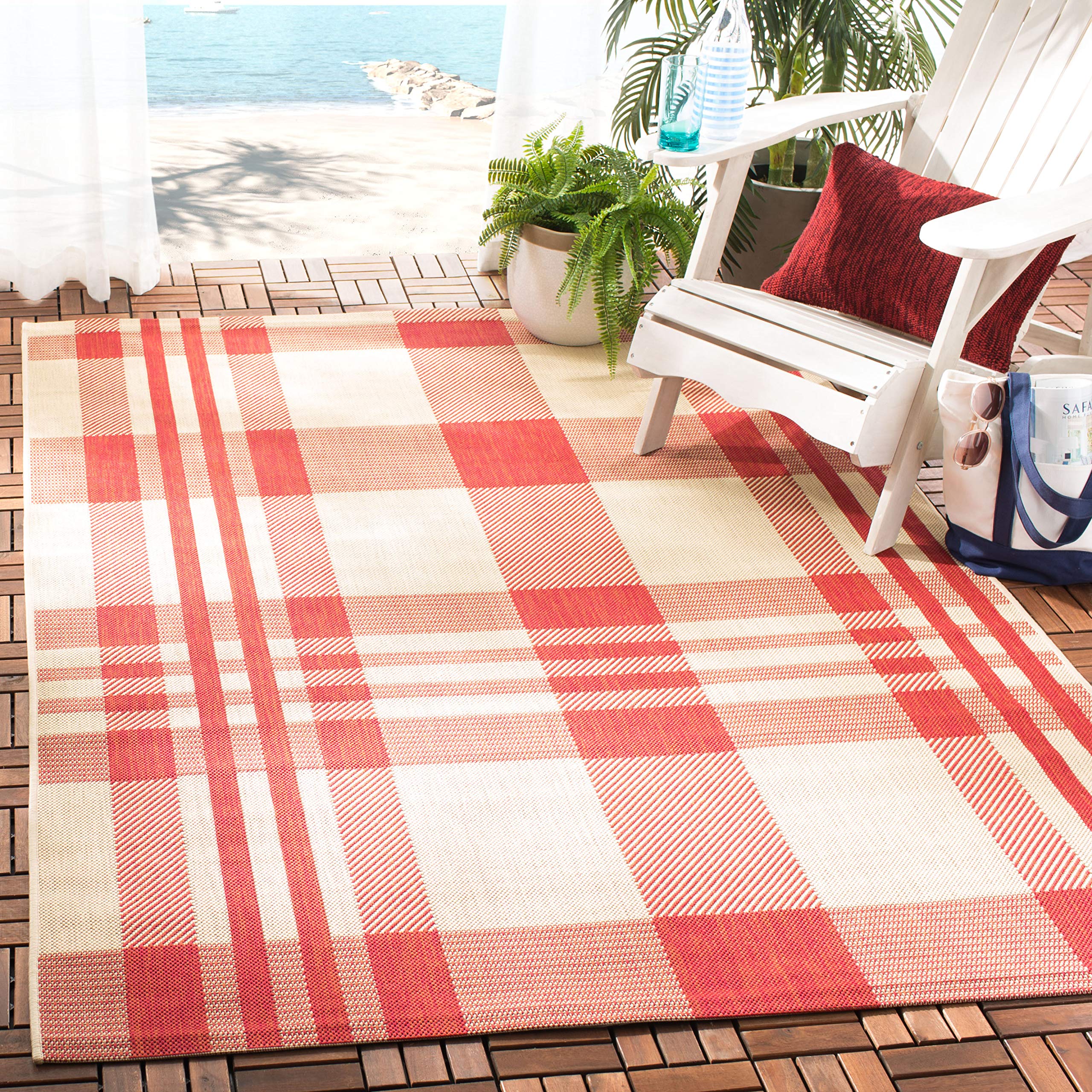 SAFAVIEH Courtyard Collection 4 Square Red/Bone CY6201 Plaid Indoor/ Outdoor Patio Backyard Mudroom Accent Rug