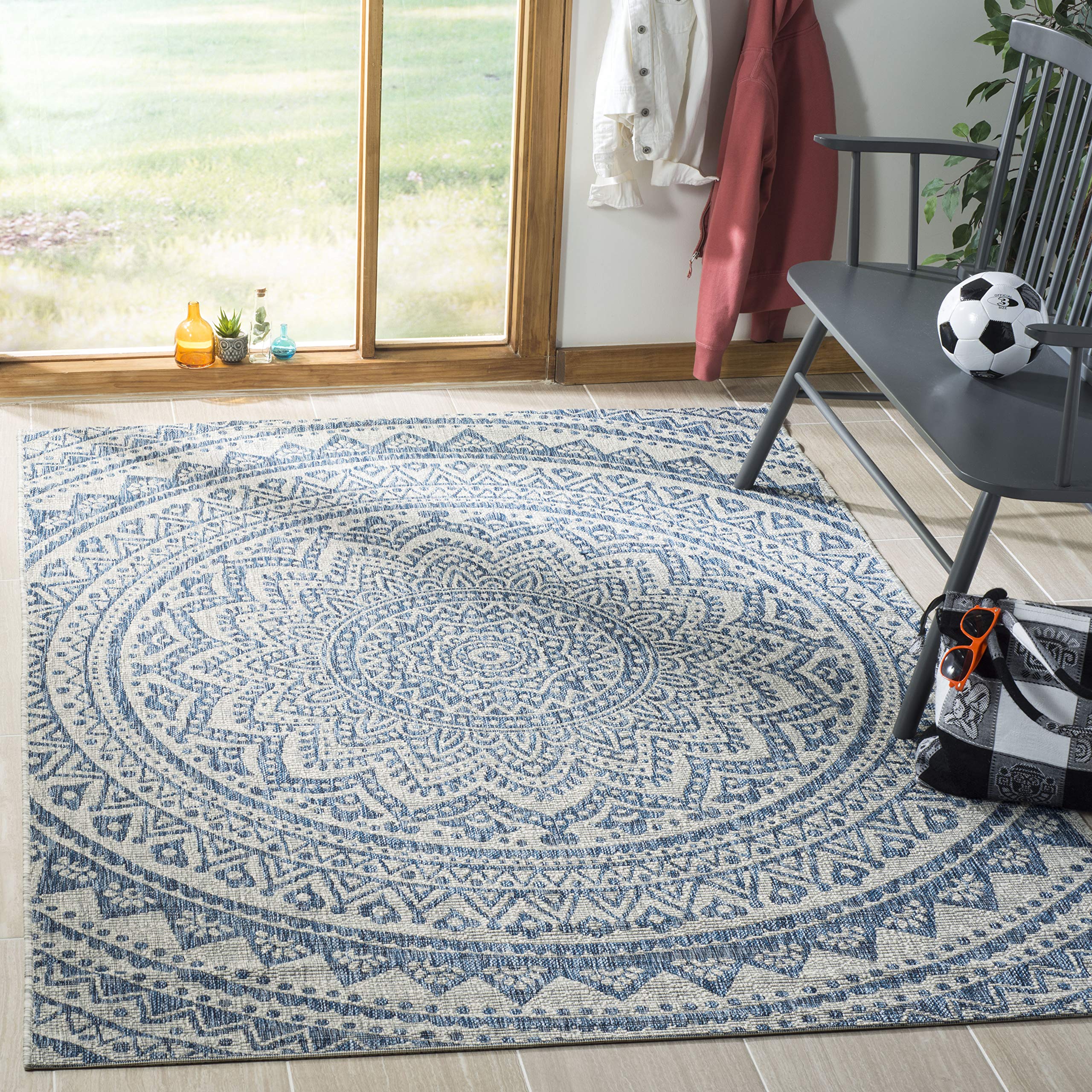 Safavieh Courtyard Collection 5'3' X 7'7' Light Grey/Blue Cy8734 Indoor/ Outdoor Waterproof Easy Cleaning Patio Backyard Mudroom Area Rug