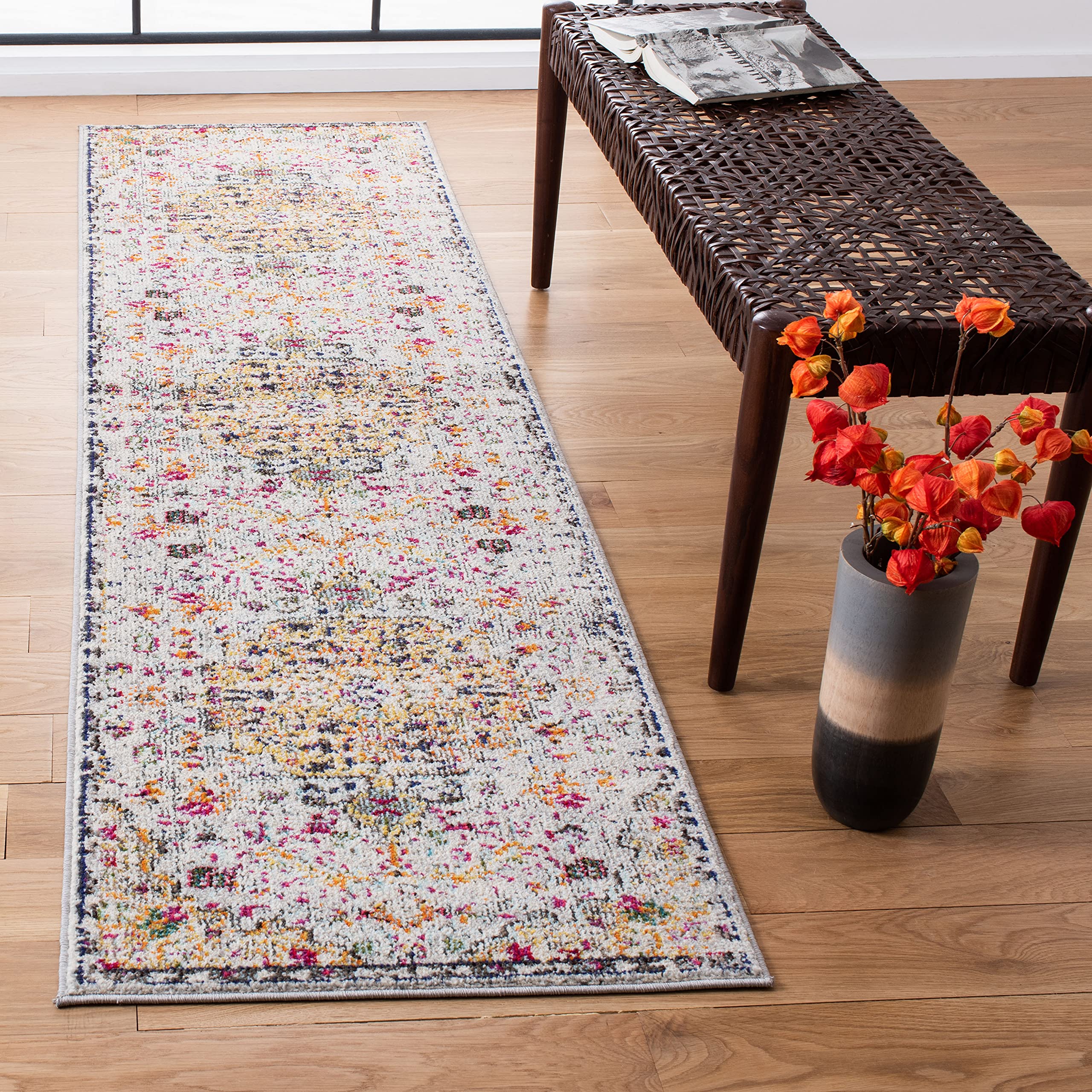 SAFAVIEH Madison Collection Runner Rug - 22 x 20, Grey & Gold, Boho Chic Medallion Distressed Design, Non-Shedding & Easy Care