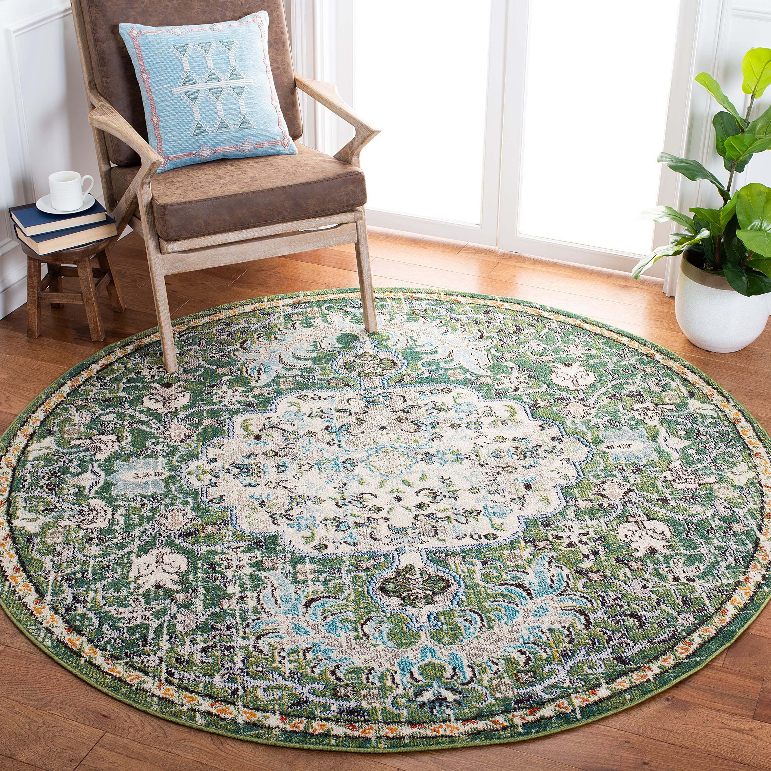 SAFAVIEH Madison Collection Area Rug - 10 Round, Green & Turquoise, Boho Chic Medallion Design, Non-Shedding & Easy Care, Ideal
