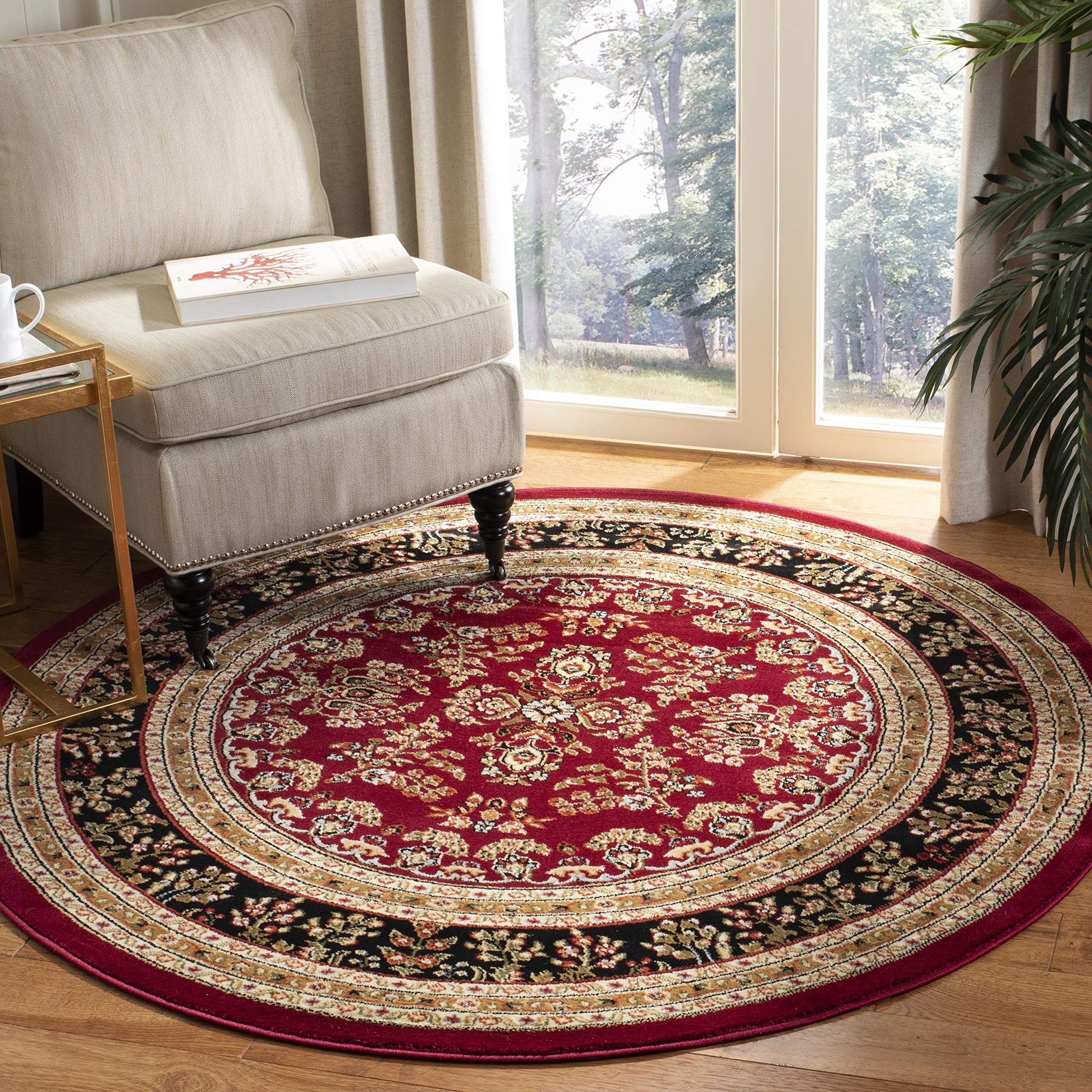 SAFAVIEH Lyndhurst Collection 53 Round Red / Black LNH331B Traditional Oriental Non-Shedding Dining Room Entryway Foyer Living 
