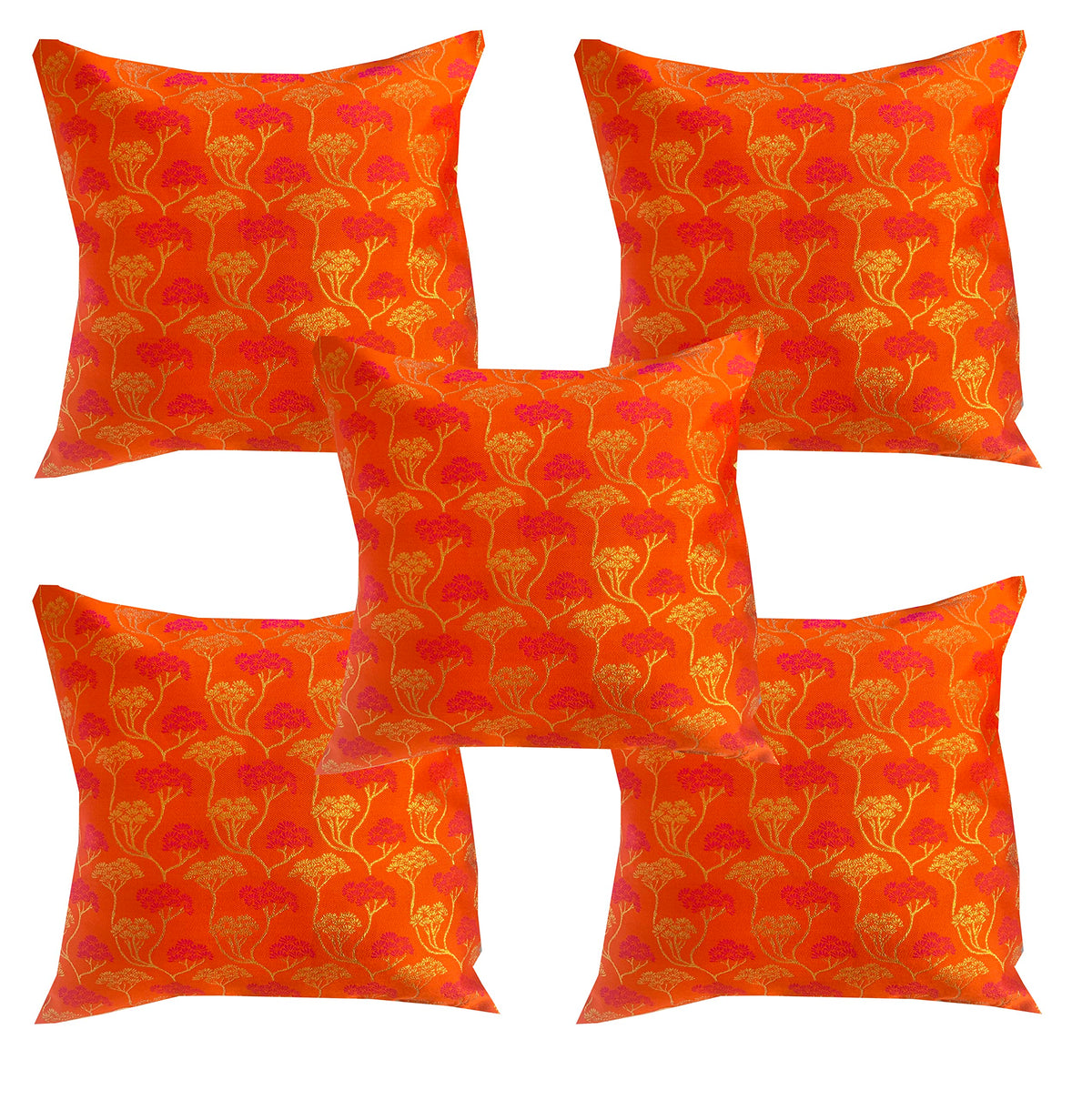 Pinkparrot Jacquard Art Silk Orange Colour Throw Pillow Covers/Cushion Covers 18X18InchSet Of 5Tr1