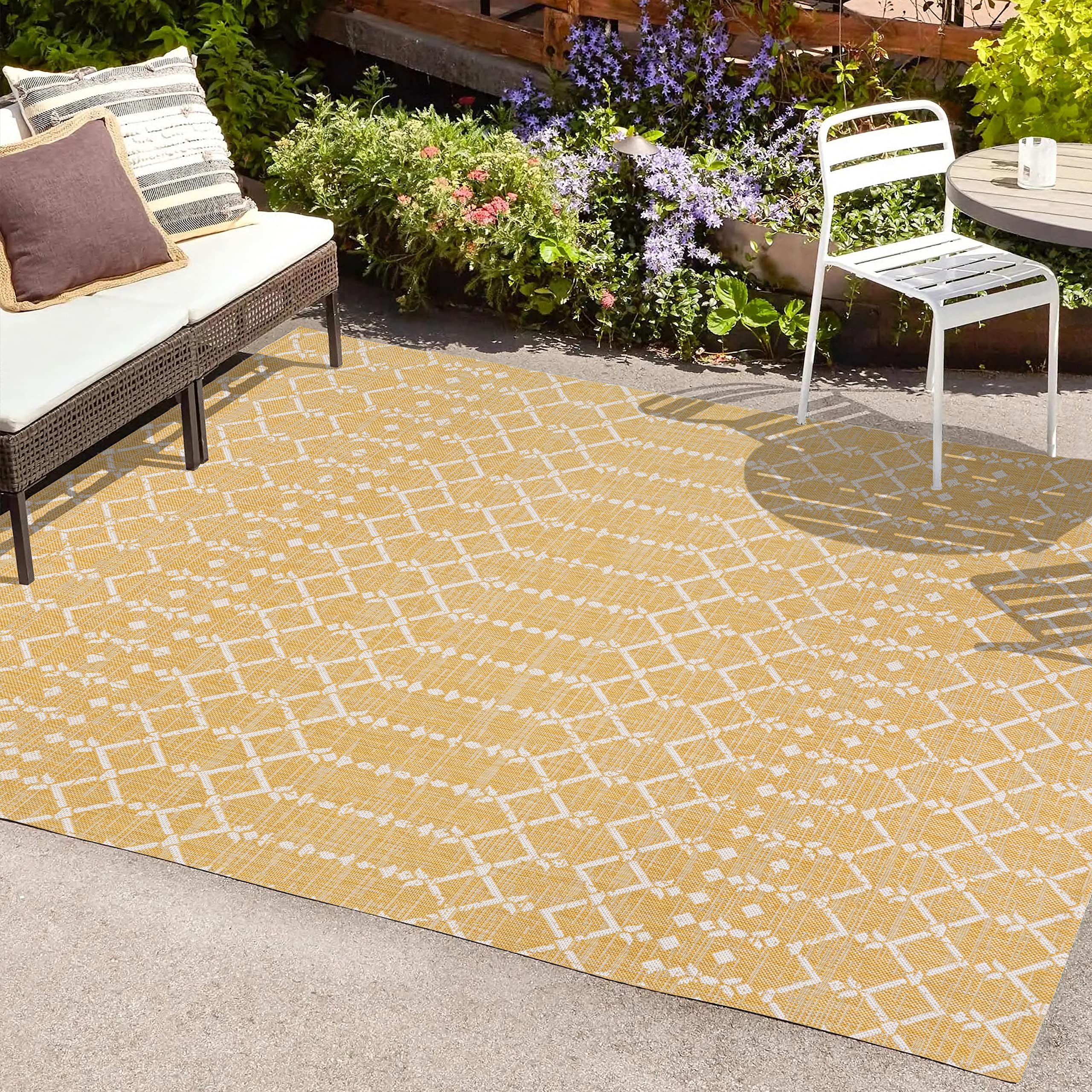 Jonathan Y Smb108G-5 Ourika Moroccan Geometric Textured Weave Indoor Outdoor Area Rug, Coastal, Traditional, Transitional Easy Cleaning,Bedroom,Kitchen,Backyard,Patio,Non Shedding, Yellow/Cream, 5 X 8