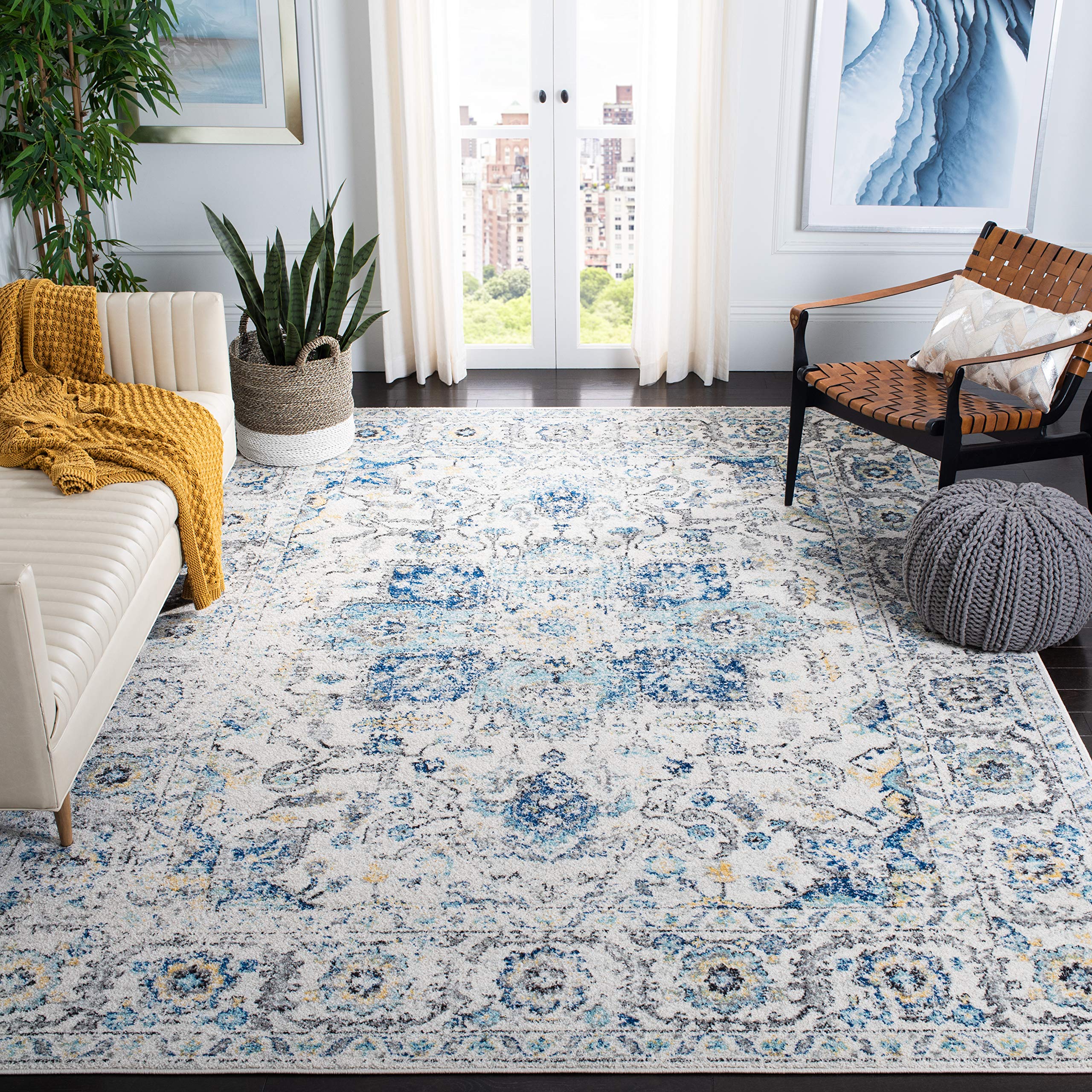 SAFAVIEH Madison Collection 3 Square Turquoise/Ivory MAD603K Oriental Snowflake Medallion Distressed Non-Shedding Living Room B