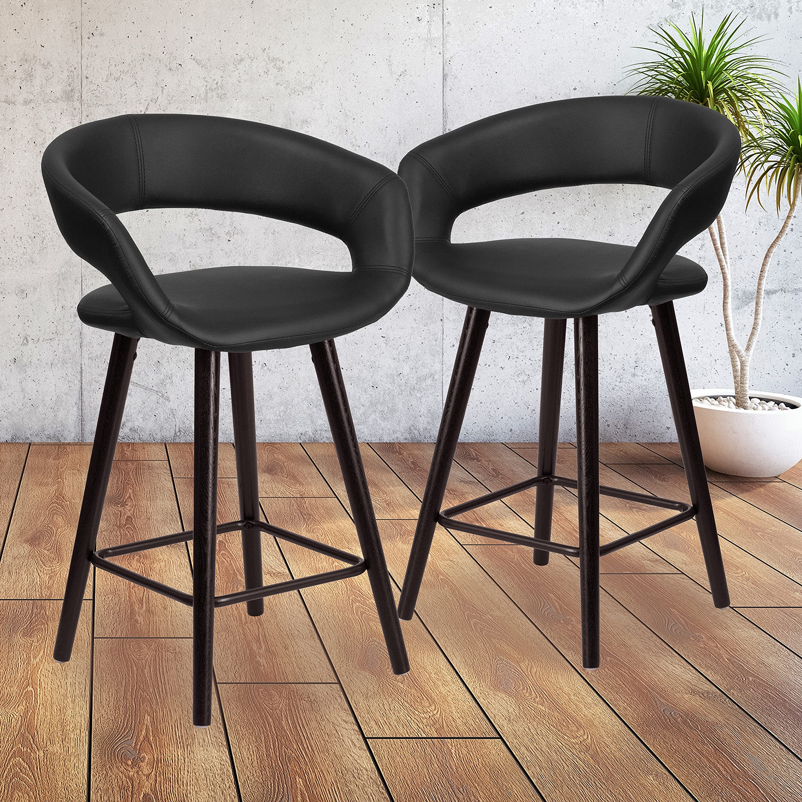 2 Pk. 24 High Black Vinyl Counter Height Stool with Cappuccino Wood Frame