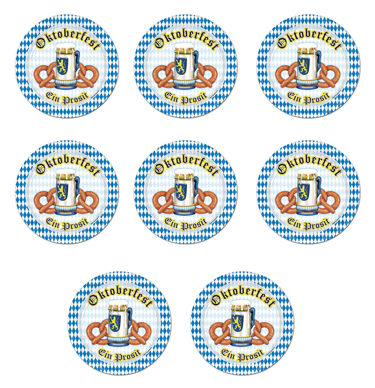 Beistle 8 Piece Paper Oktoberfest Plates Party Supplies German Theme Tableware, 9 Inch , Blue/White/Yellow/Brown