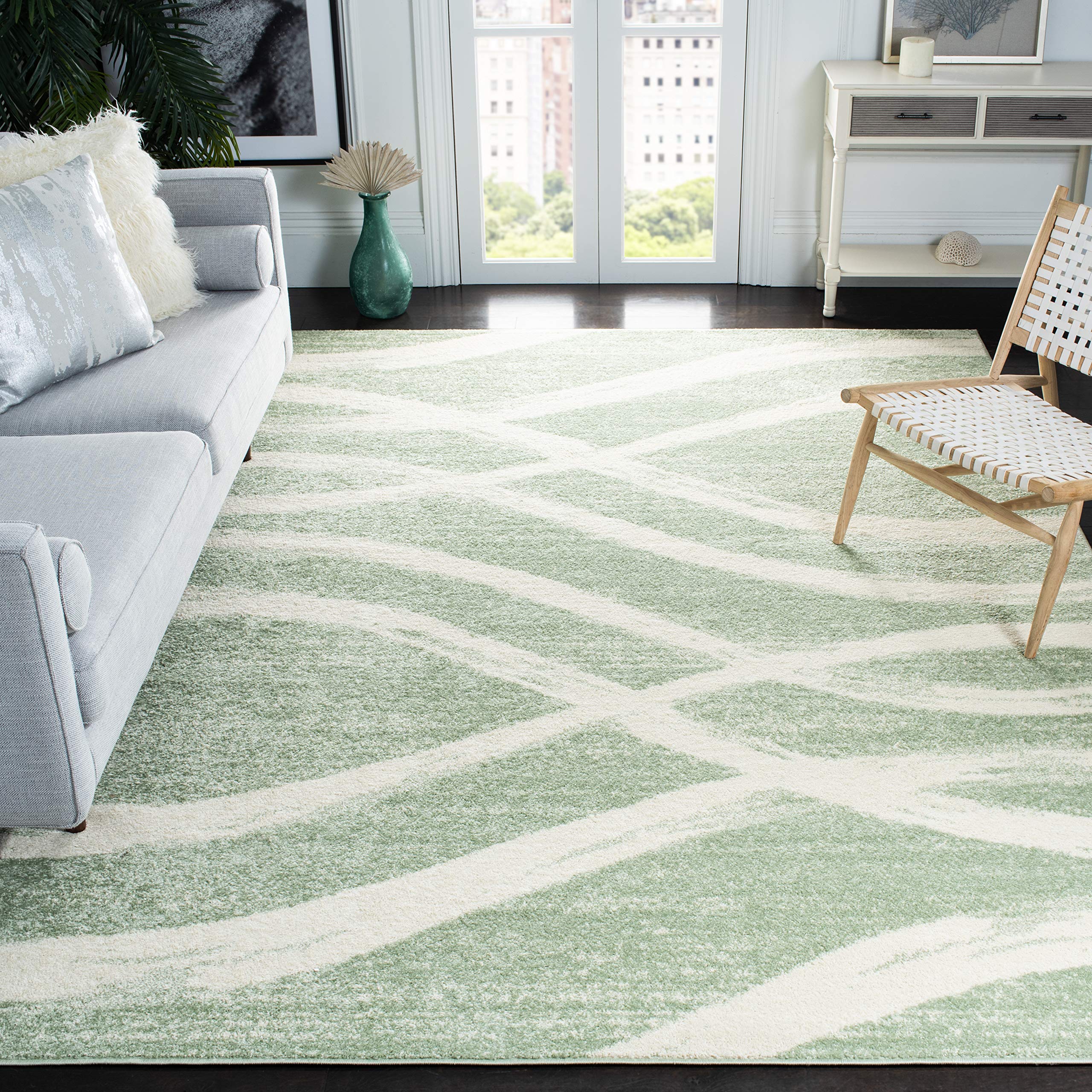 SAFAVIEH Adirondack Collection X-Large Area Rug - 12 x 18, Sage & Cream, Modern Wave Distressed Design, Non-Shedding & Easy Ca