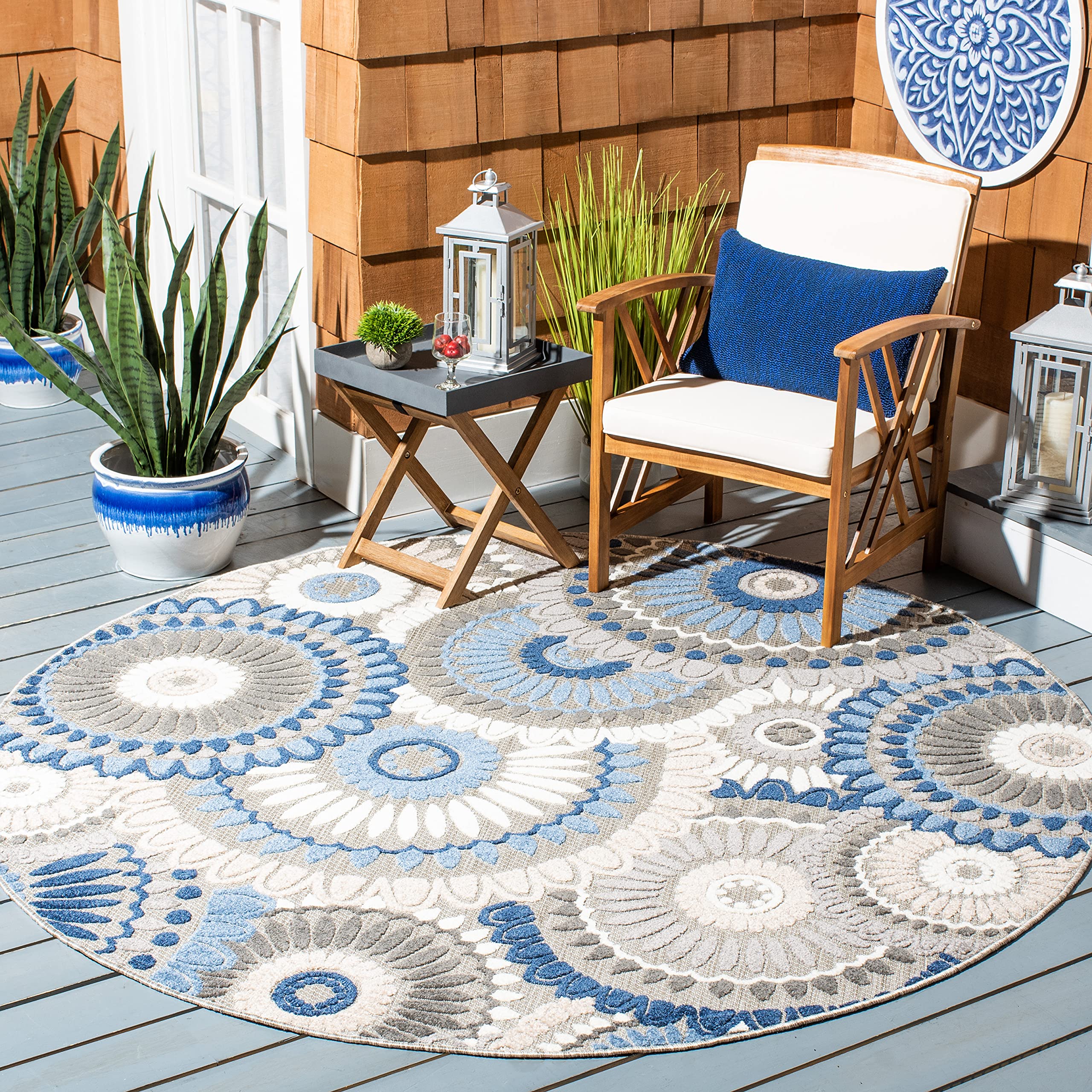 SAFAVIEH Cabana Collection Area Rug - 3 Round, Grey & Blue, Floral Design, Indoor/Outdoor & Washable, Ideal for Patio, Backyard