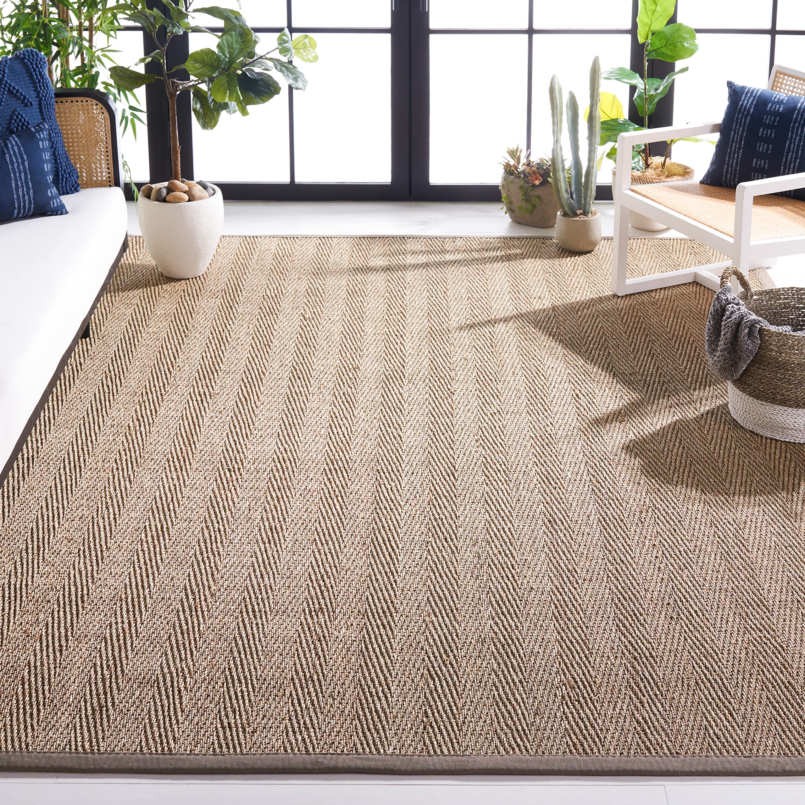 Safavieh Natural Fiber Collection Area Rug - 8 x 10, Natural & Grey, Border Herringbone Seagrass Design, Easy Care, Ideal for 