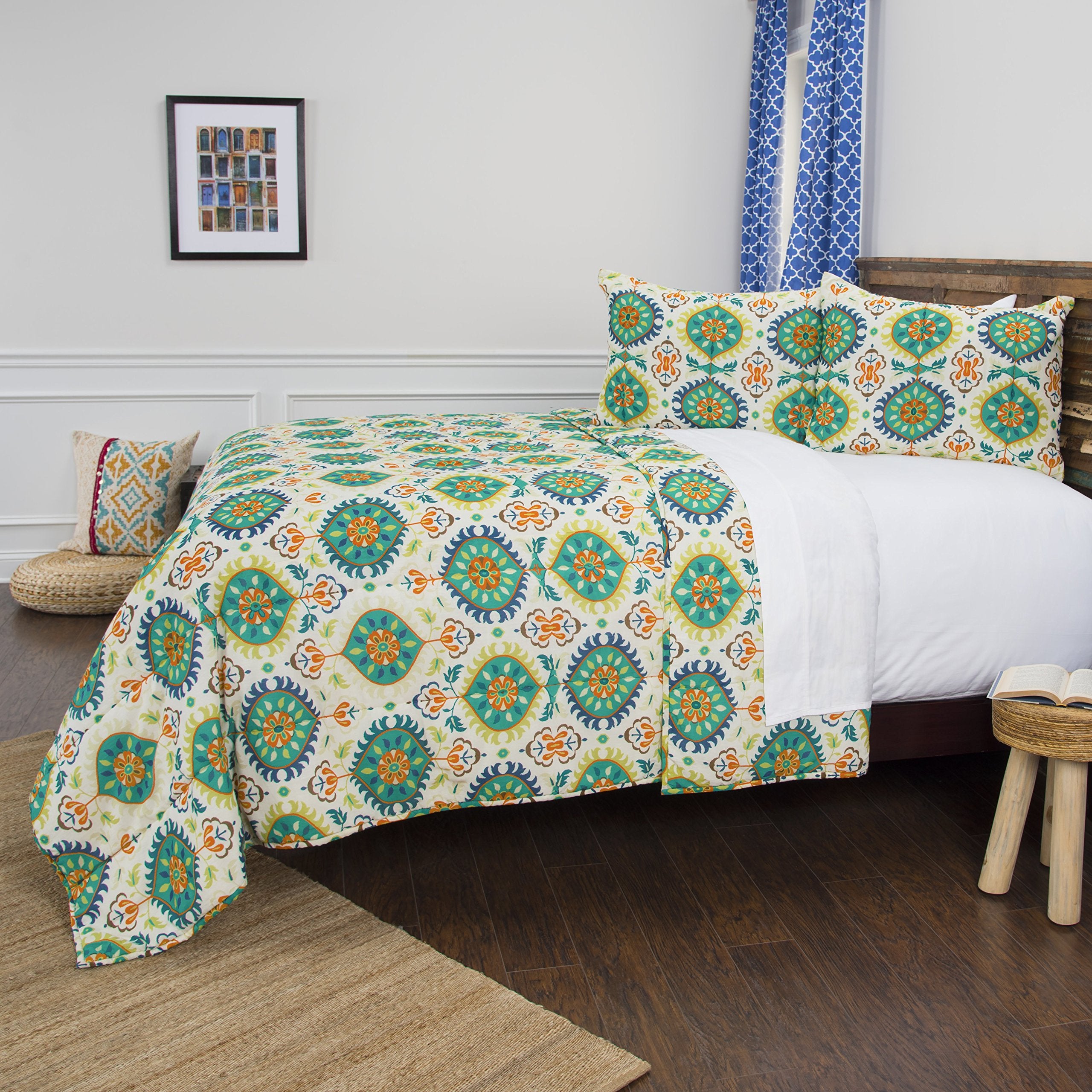 Rizzy Home | BQ4619 | Polyester Quilt | 90"x92" Yellow/Green/Orange Geometric