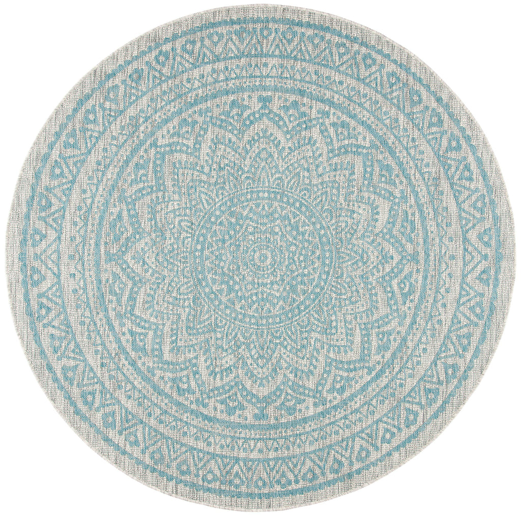 Safavieh Courtyard Collection 9' Round Light Grey / Aqua Cy8734 Indoor/ Outdoor Waterproof Easy Cleaning Patio Backyard Mudroom Area Rug