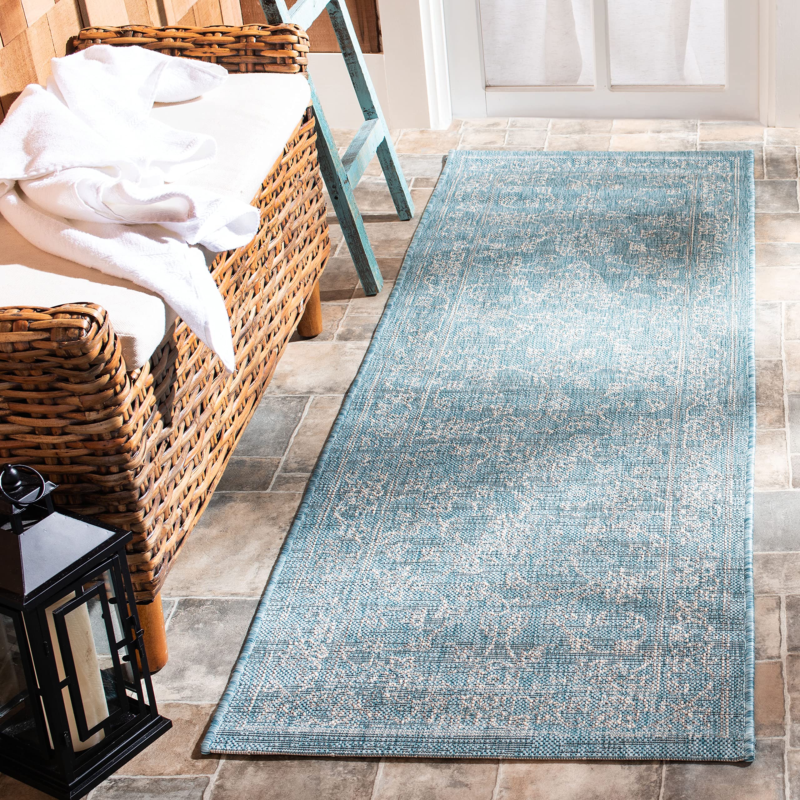 Safavieh Courtyard Collection 2'3' X 18' Aqua/Grey Cy8680 Indoor/ Outside Waterproof Easy Cleansingpatio Backyard Mudroom Runne