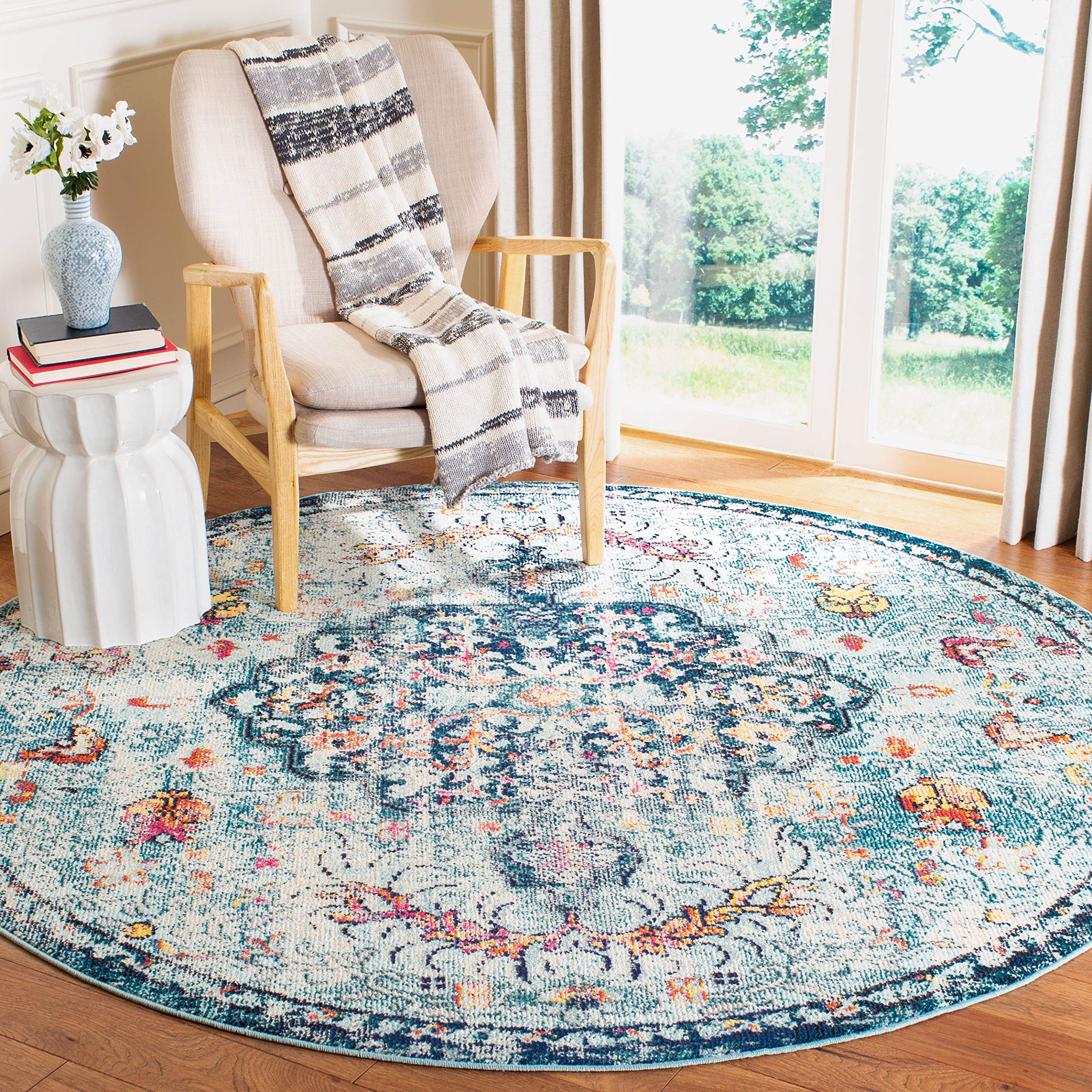 SAFAVIEH Madison Collection 5 Round Navy/Light Blue MAD447K Boho Chic Medallion Distressed Non-Shedding Dining Room Entryway Fo