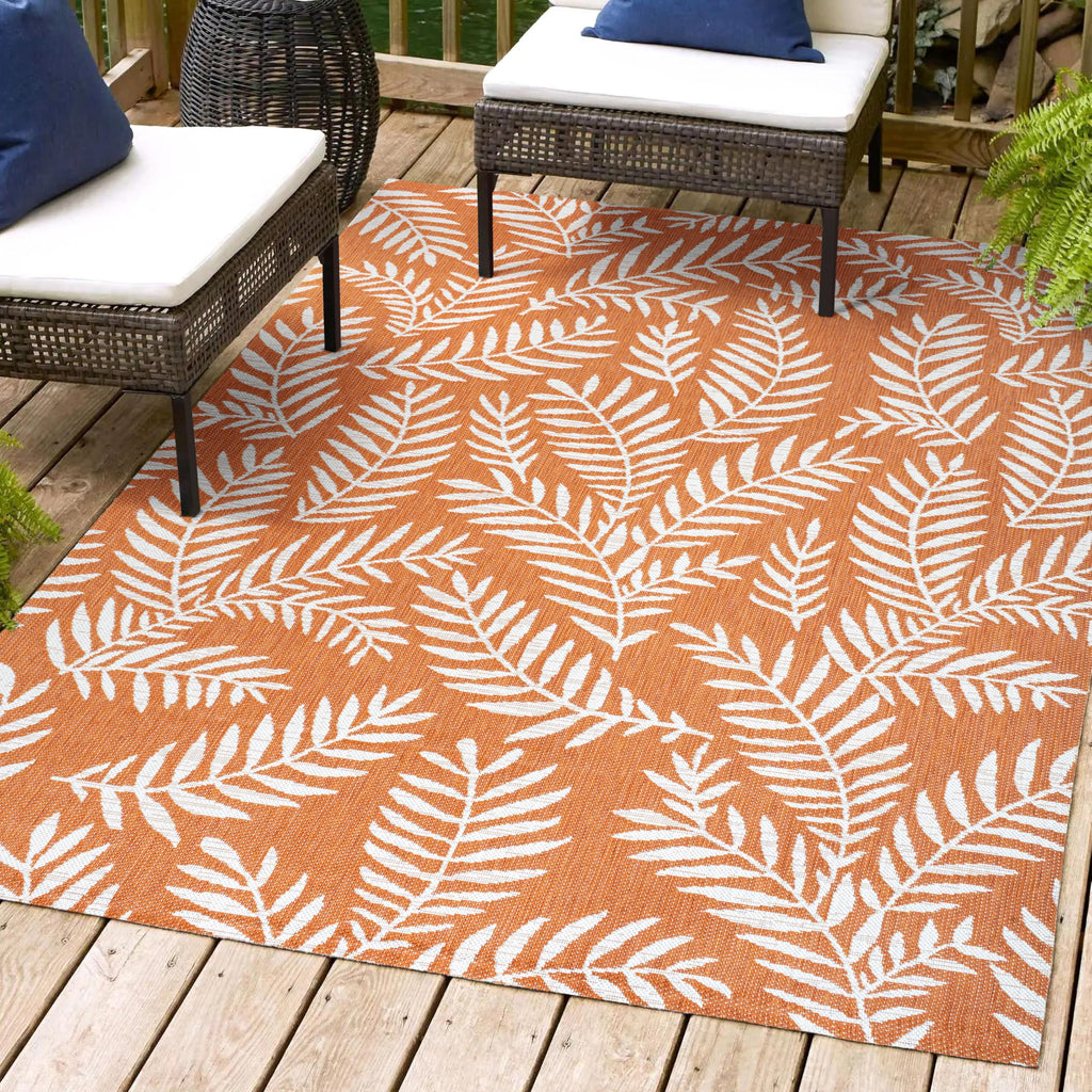 Jonathan Y Smb119E-9 Nevis Palm Frond Indoor Outdoor Area Rug, Coastal Casual Country & Floral Easy Cleaning,Bedroom,Kitchen,Backyard,Patio,Non Shedding, 9 X 12, Orange/Cream