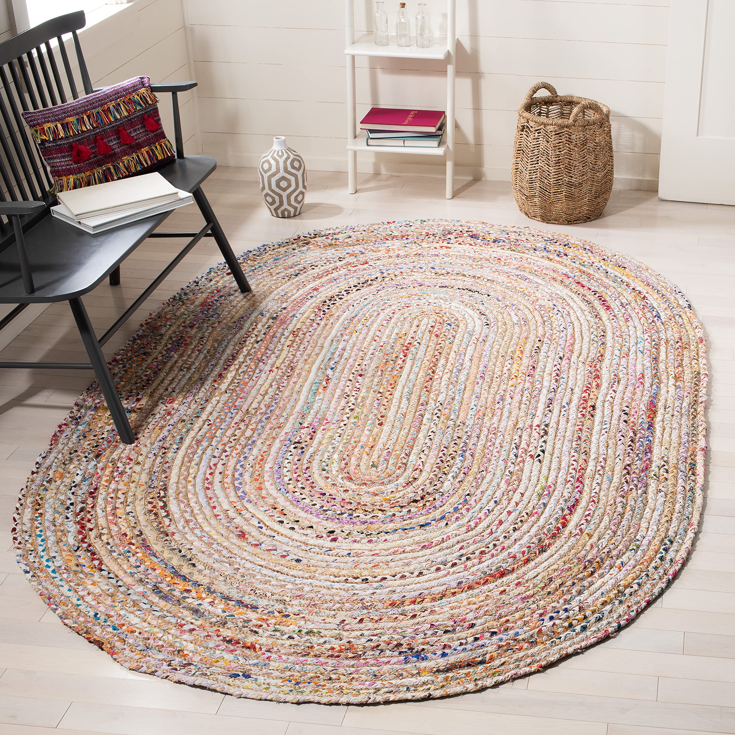SAFAVIEH Cape Cod Collection Area Rug - 9 x 12, Beige & Multi, Handmade Boho Braided Jute & Cotton, Ideal for High Traffic Are