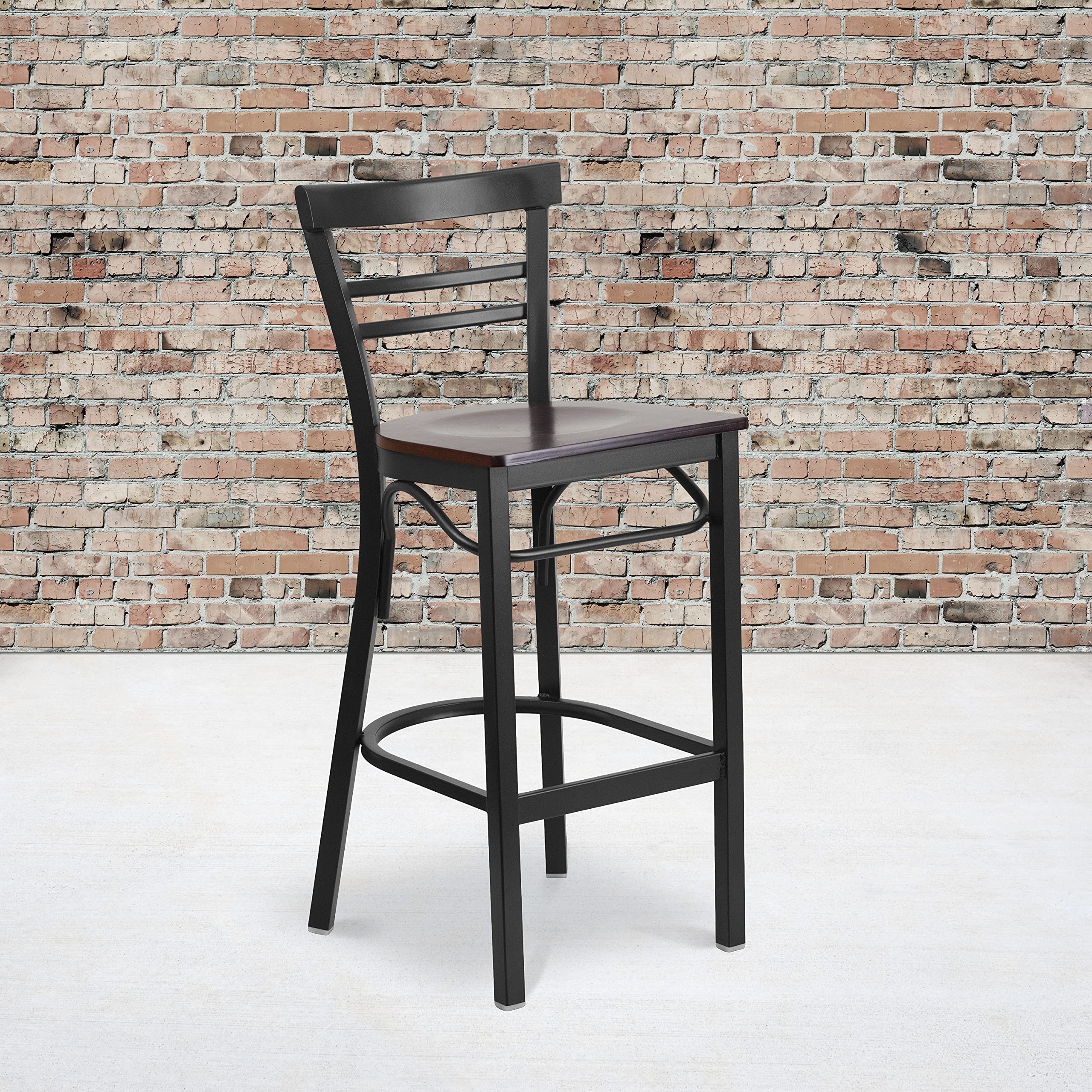 Flash Furniture HERCULES Series Black Two-Slat Ladder Back Metal Restaurant Barstool - Walnut Wood Seat
