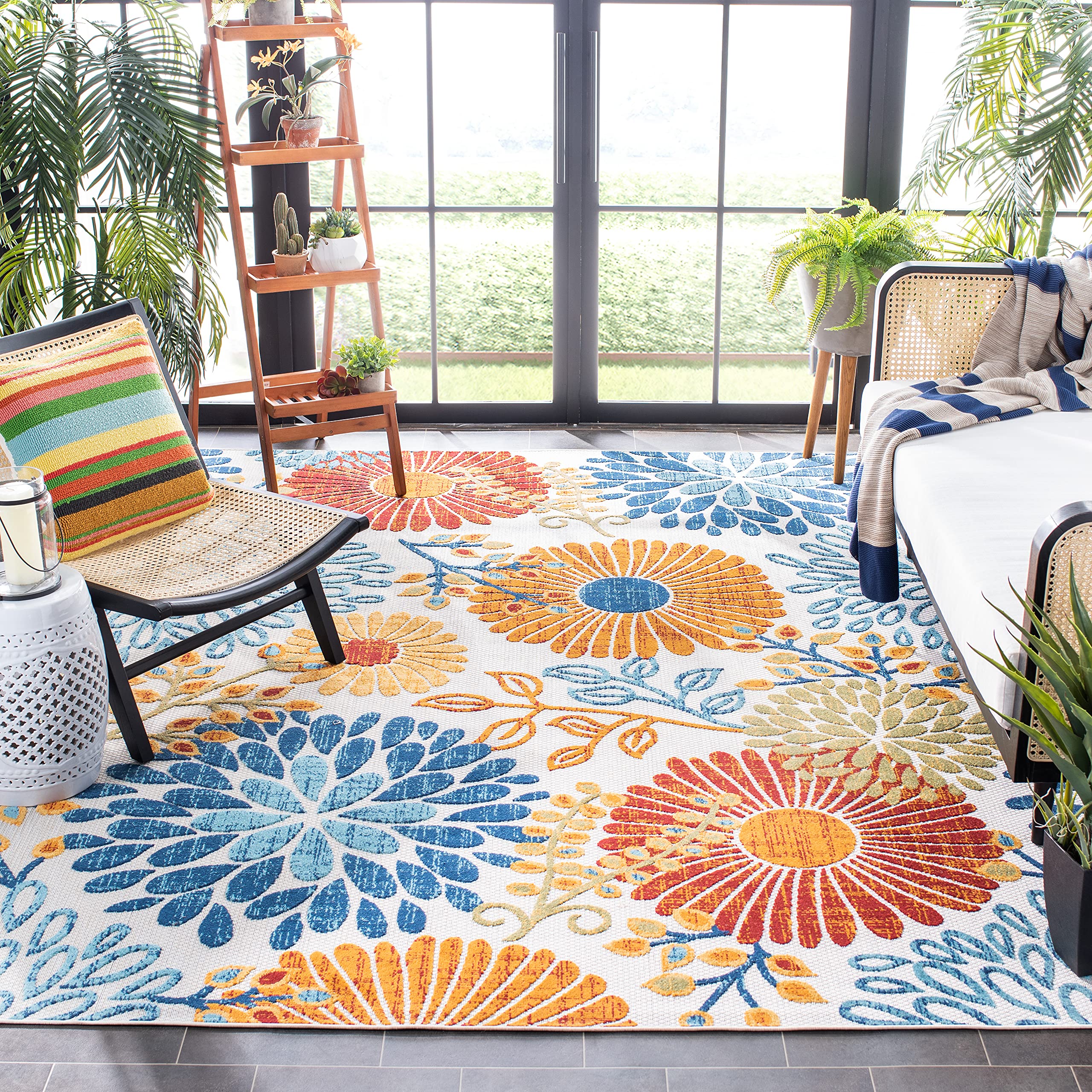 SAFAVIEH Cabana Collection Area Rug - 8 Square, Creme & Red, Floral Design, Non-Shedding & Easy Care, Indoor/Outdoor & Washable