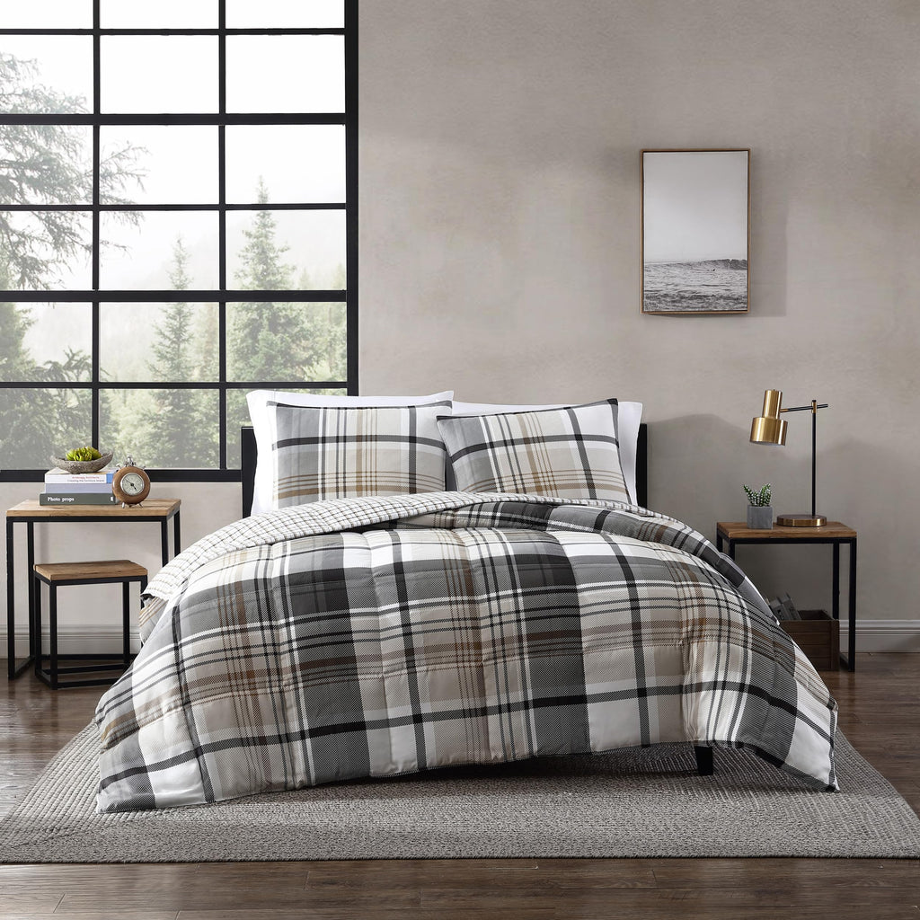 Eddie Bauer - King Comforter Set, Plaid Reversible Bedding, Stylish & Warm Home Decor (Normandy Grey, King),Grey/White/Beige