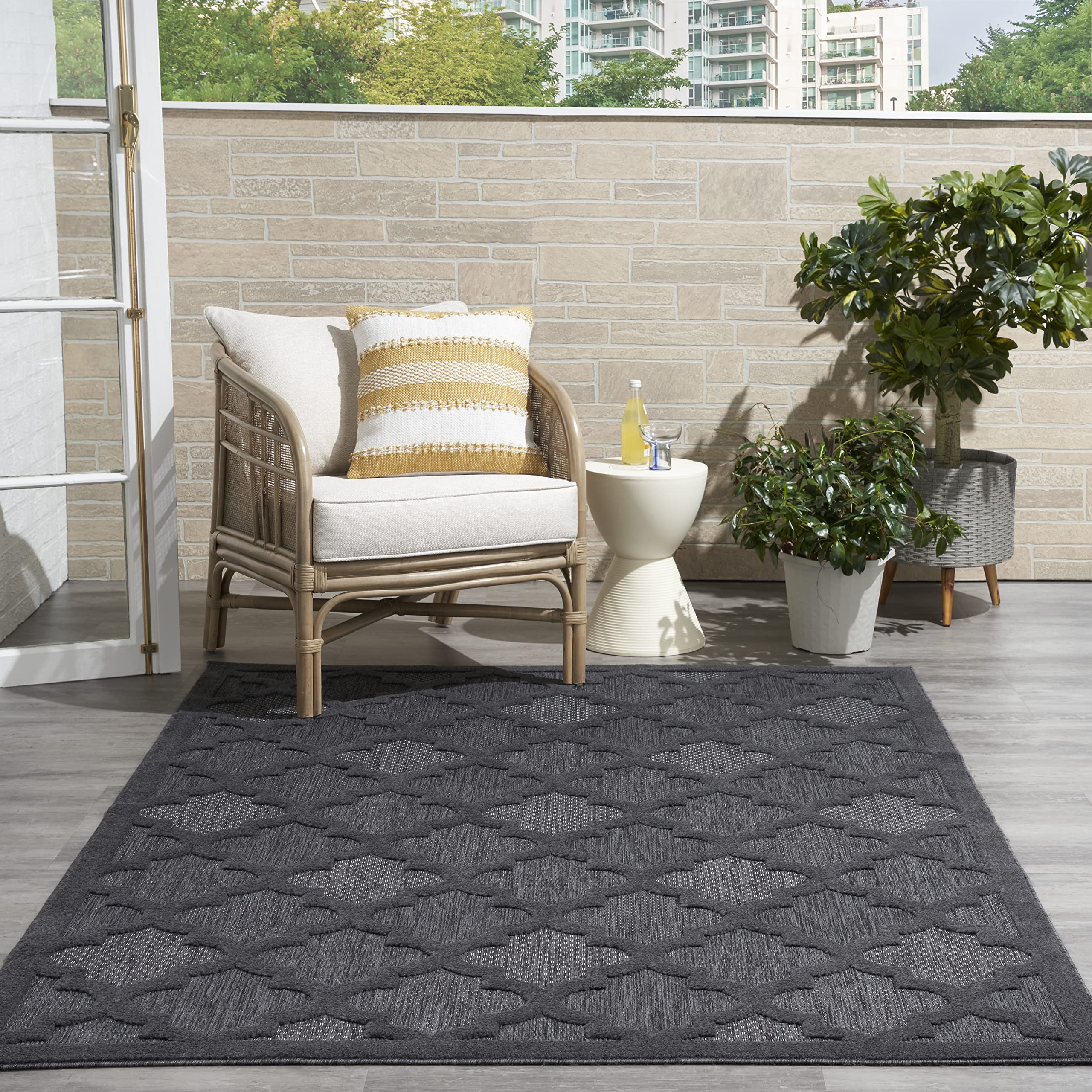 Nourison Easy Care Moroccan Charcoal/Black 6' X 9' Area Rug, Trellis, Easy Cleaning, Non Shedding, Bed Room, Living Room, Dining Room, Backyard, Deck, Patio (6X9)