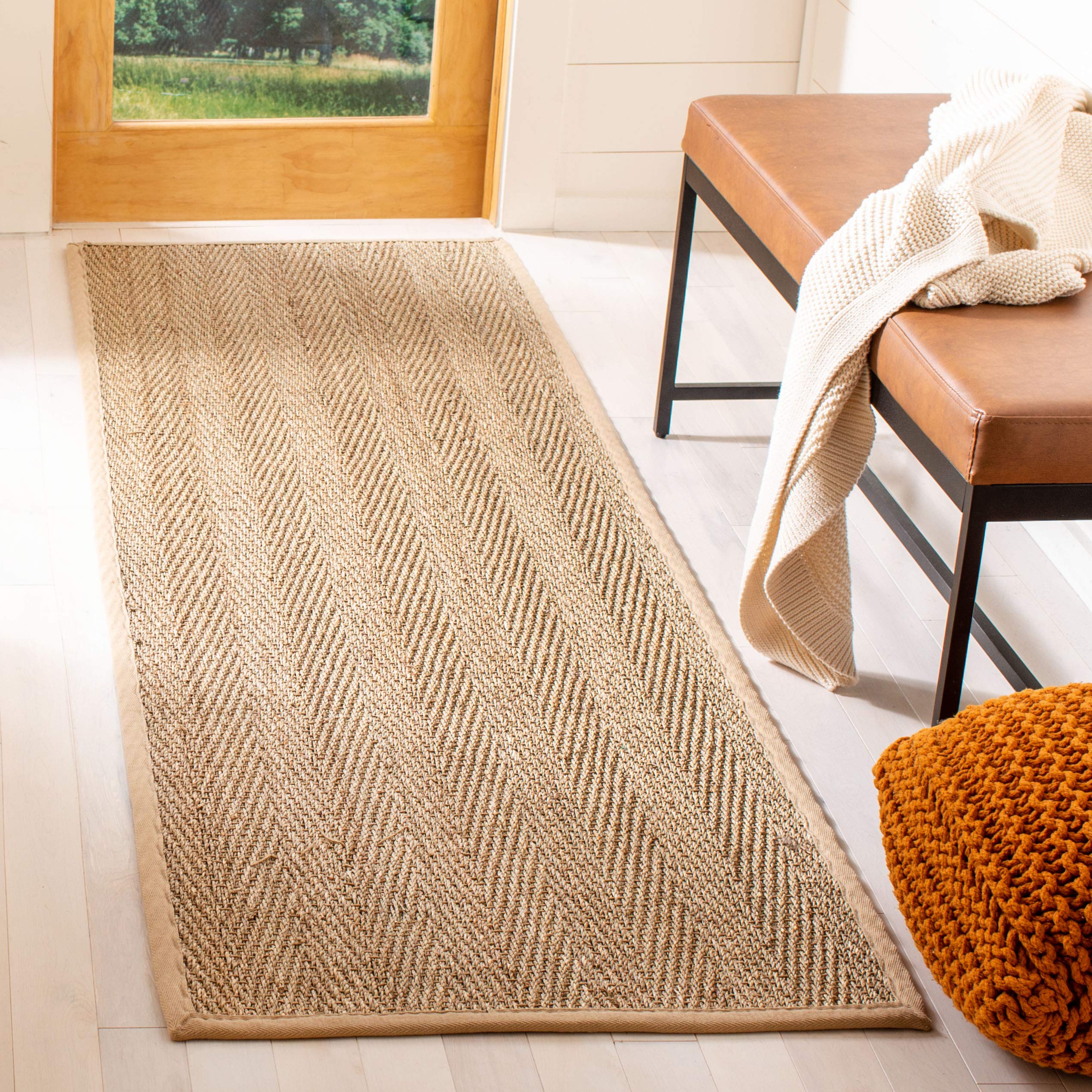SAFAVIEH Natural Fiber Collection Runner Rug - 26 x 8, Natural & Beige, Border Herringbone Seagrass Design, Easy Care, Ideal f