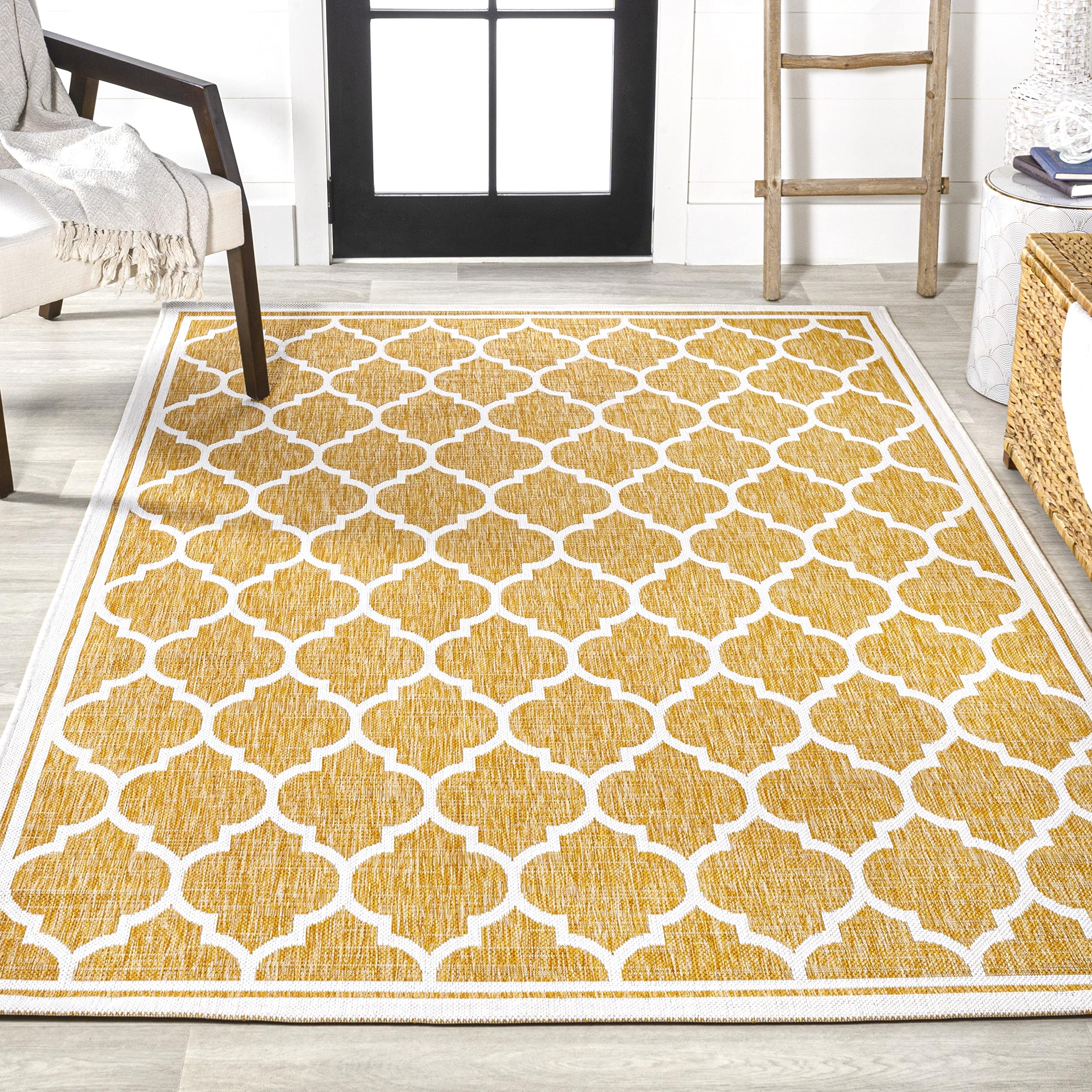 Jonathan Y Smb109F-9 Trebol Moroccan Trellis Textured Weave Indoor Outdoor Area Rug, Bohemian Coastal Contemporary Easy Cleaning,Bedroom,Kitchen,Backyard,Patio,Non Shedding, 9 X 12, Yellow/Cream