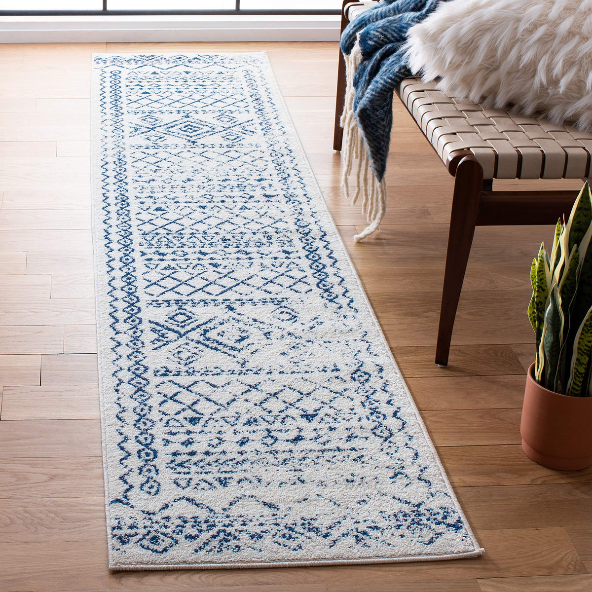 SAFAVIEH Tulum Collection Runner Rug - 2 x 11, Ivory & Navy, Moroccan Boho Distressed Design, Non-Shedding & Easy Care, Ideal 