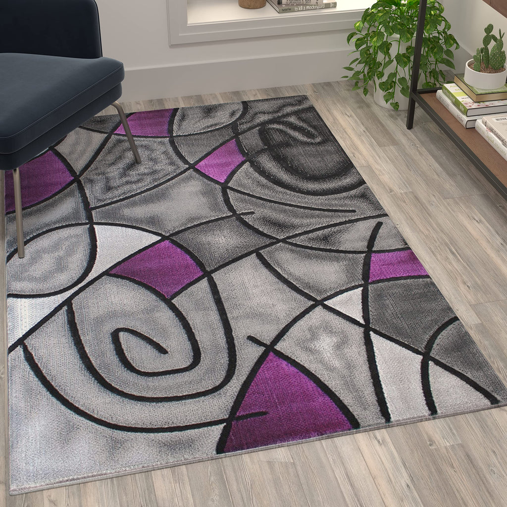 Flash Furniture Jubilee Collection Abstract Area Rug - Colorfast Purple Olefin Rug - 3' X 5' Area Rug - Jute Backing - Living Room, Bedroom, & Family Room