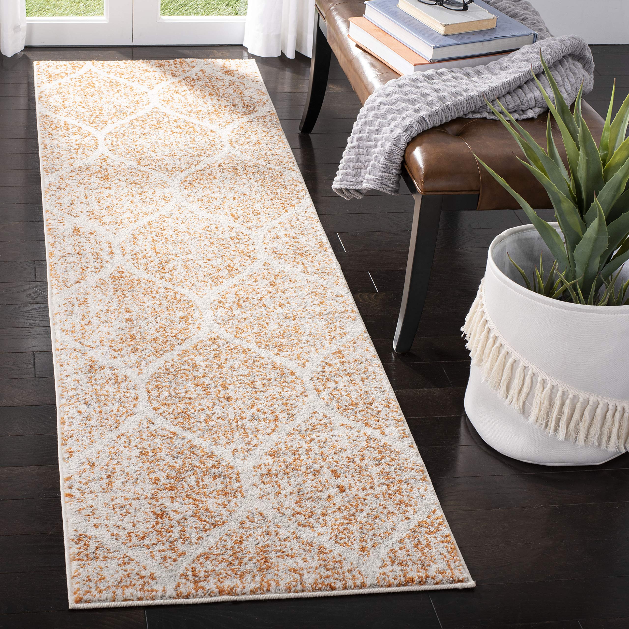 SAFAVIEH Madison Collection Runner Rug - 23 x 12, Cream & Orange, Glam Ogee Trellis Distressed Design, Non-Shedding & Easy Car