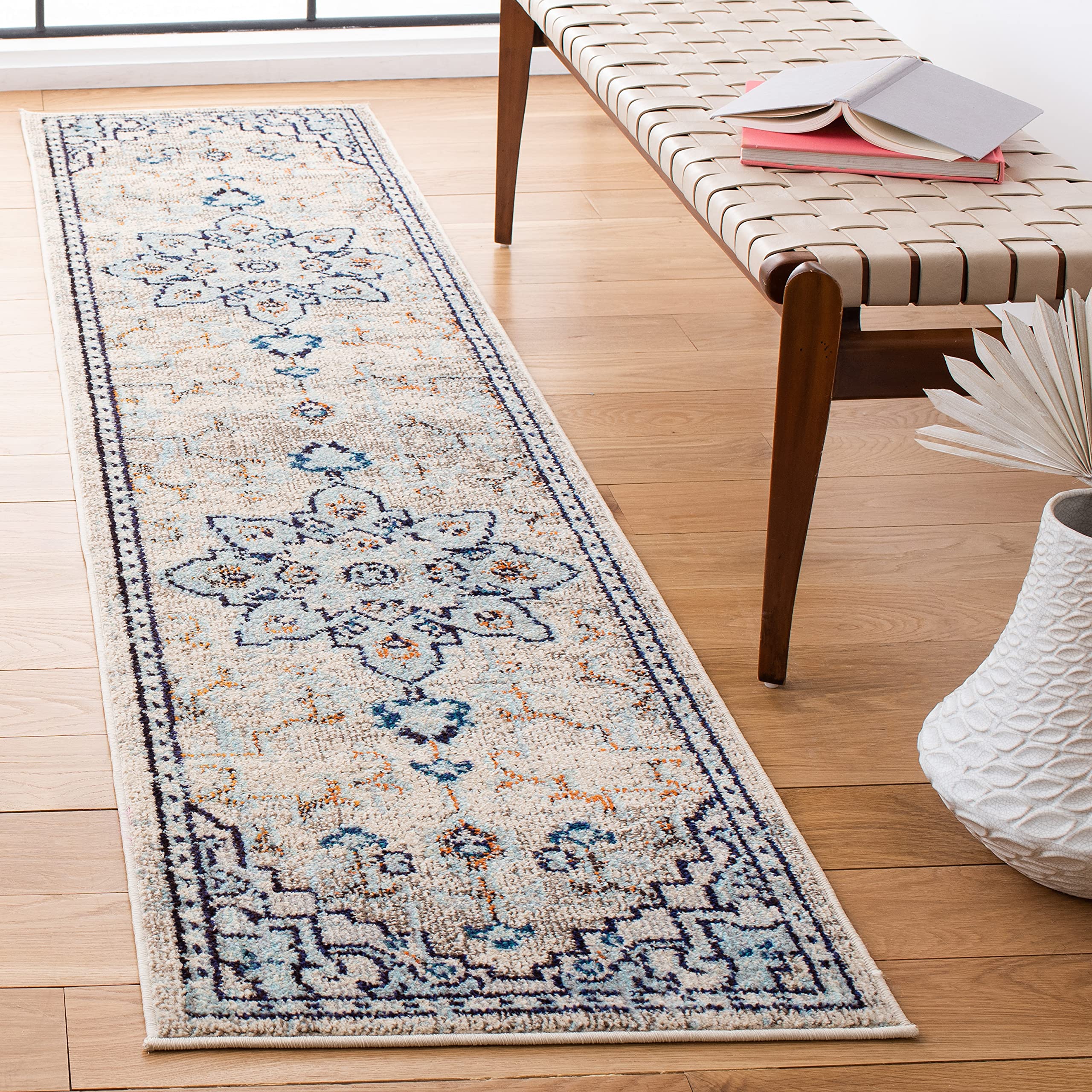 SAFAVIEH Madison Collection Runner Rug - 2 x 8, Ivory & Light Blue, Boho Chic Medallion Distressed Design, Non-Shedding & Easy