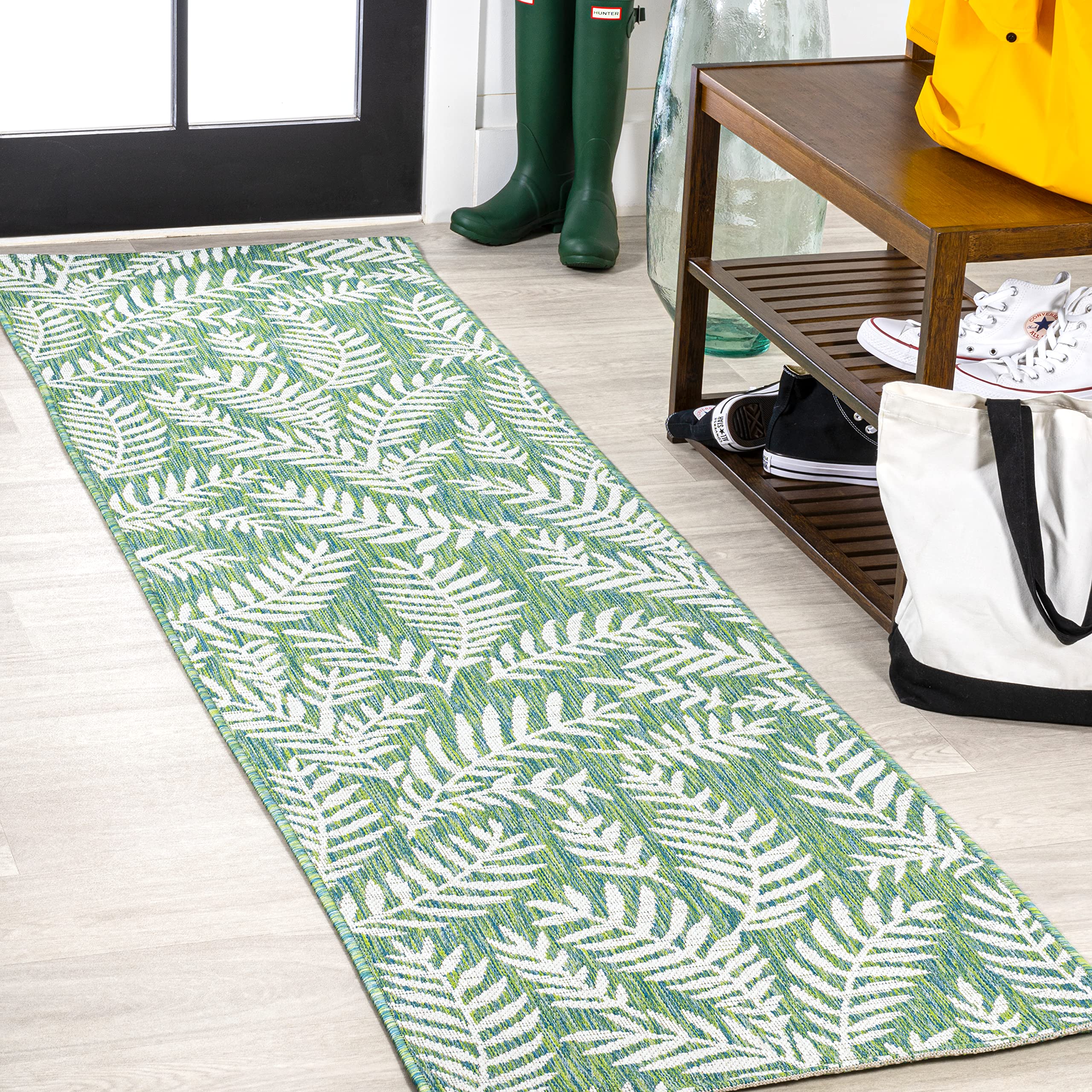 Jonathan Y Smb119G-210 Nevis Palm Frond Indoor Outdoor Area Rug, Coastal Casual Country & Floral Easy Cleaning,Bedroom,Kitchen,Backyard,Patio,Non Shedding, Cream/Green, 2 X 10