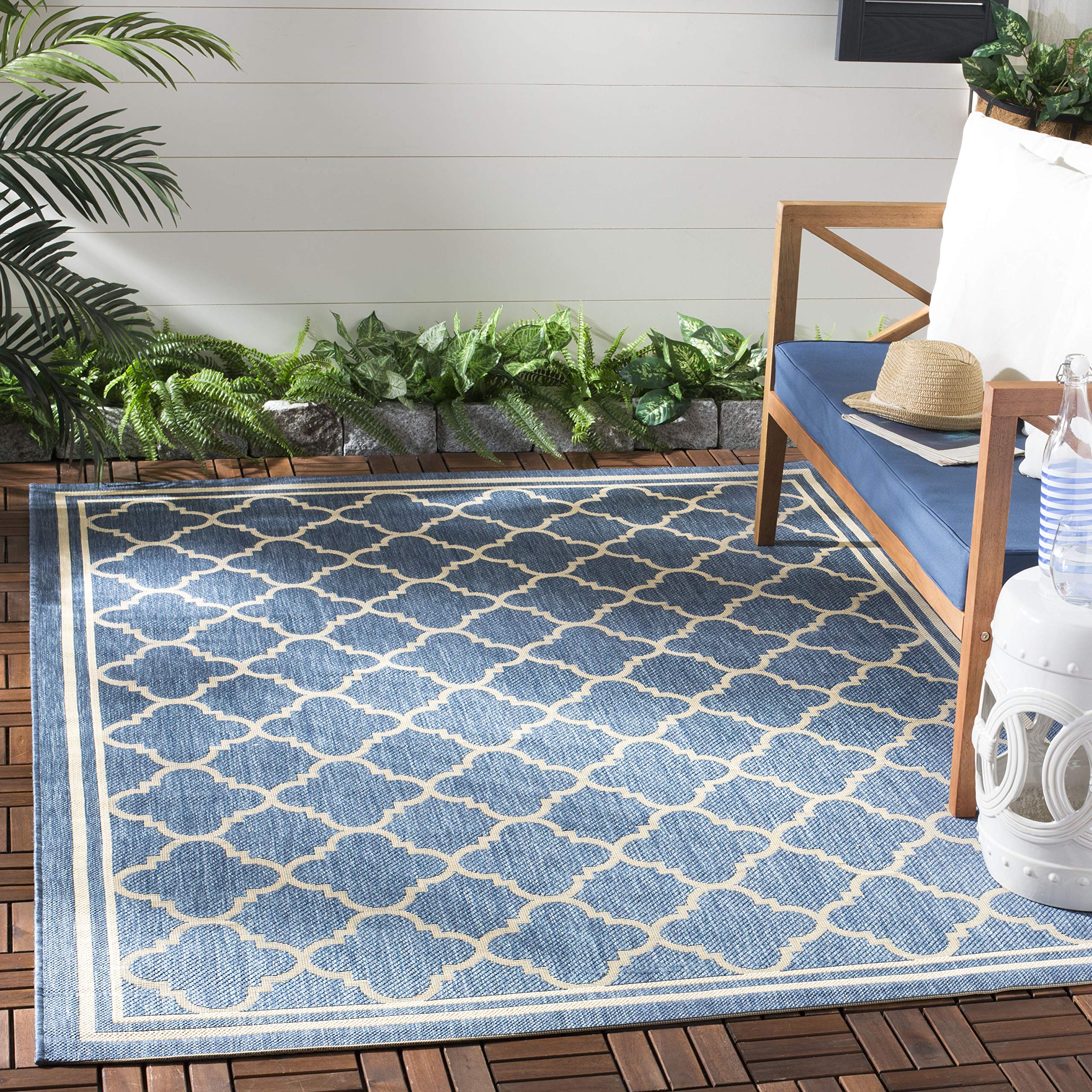 SAFAVIEH Courtyard Collection 4 Square Blue/Beige CY6918 Trellis Indoor/ Outdoor Waterproof Easy--Cleaning Patio Backyard Mudro
