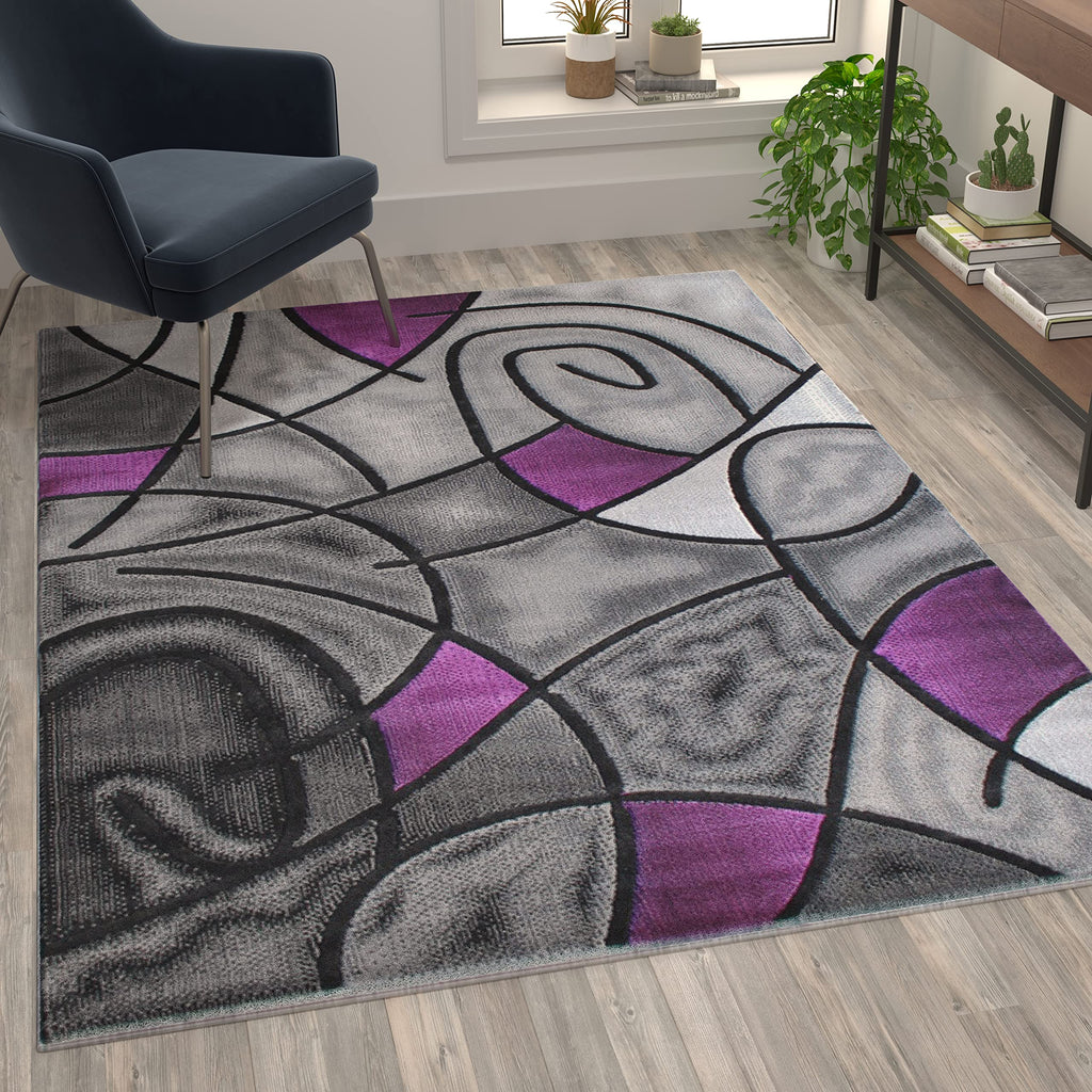 Flash Furniture Jubilee Collection Abstract Area Rug - Colorfast Purple Olefin Rug - 5' X 7' Area Rug - Jute Backing - Living Room, Bedroom, & Family Room