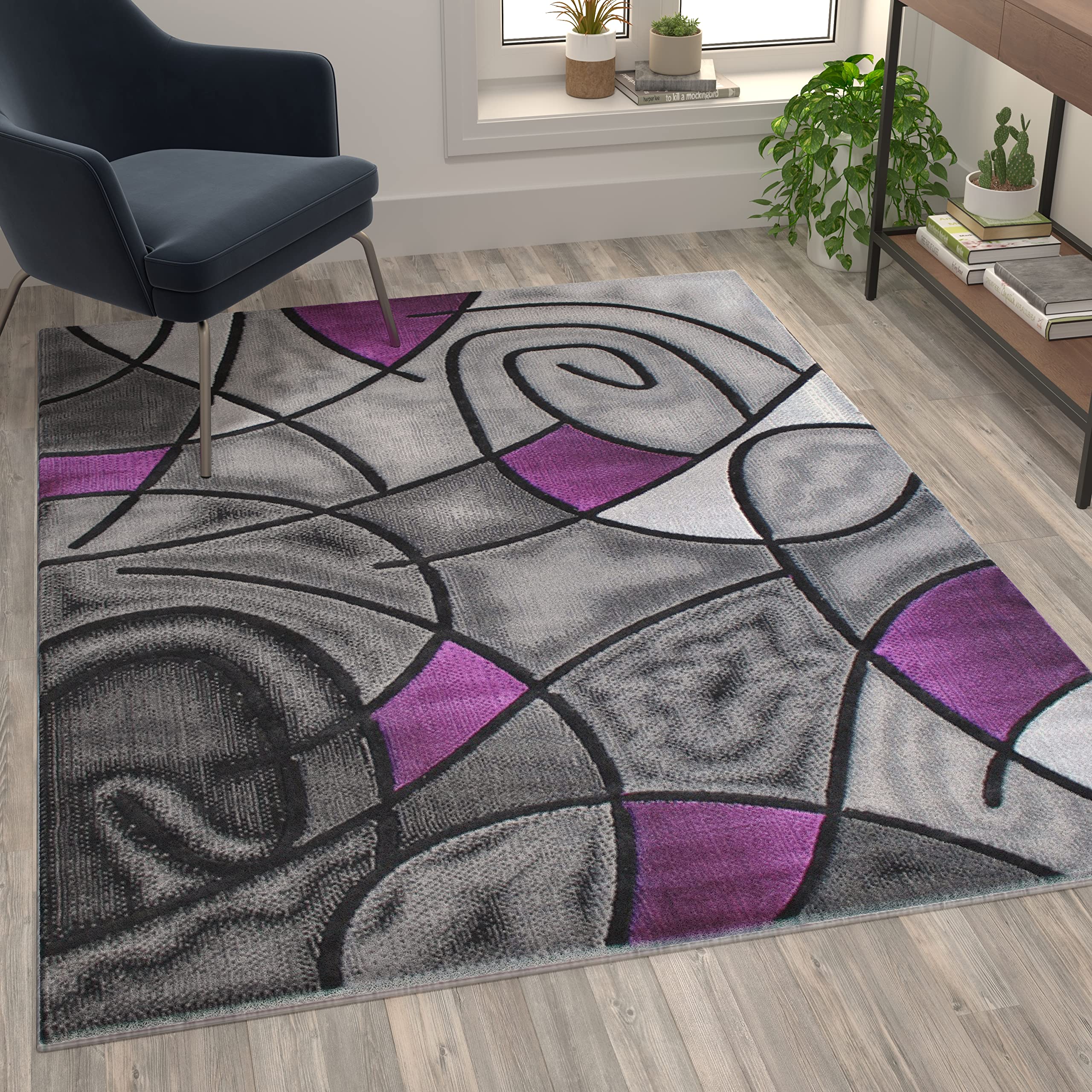 Flash Furniture Jubilee Collection Abstract Area Rug - Colorfast Purple Olefin Rug - 5' X 7' Area Rug - Jute Backing - Living Room, Bedroom, & Family Room