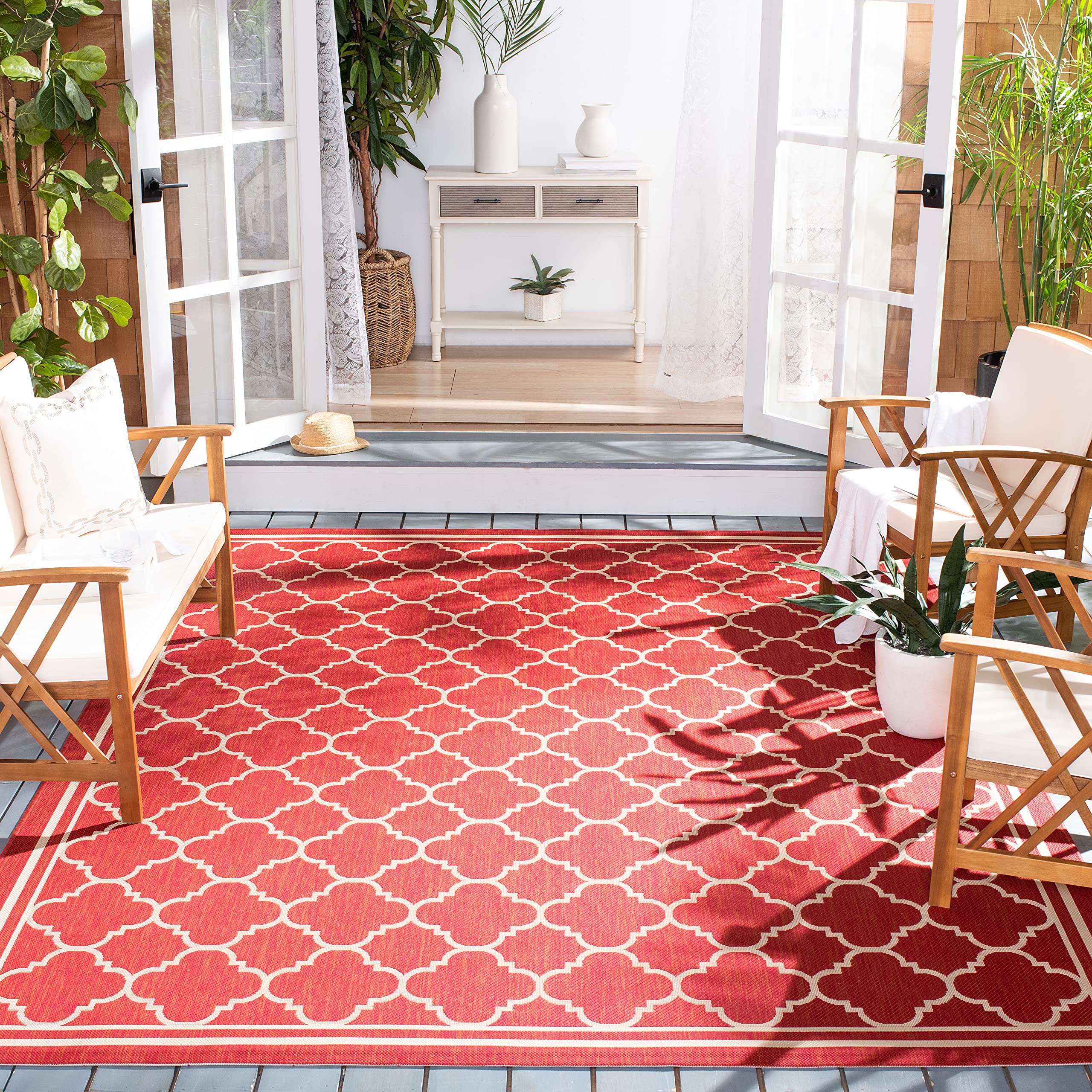 SAFAVIEH Courtyard Collection 710 Square Red/Bone CY6918 Trellis Indoor/ Outdoor Waterproof Easy-Cleaning Patio Backyard Mudroo