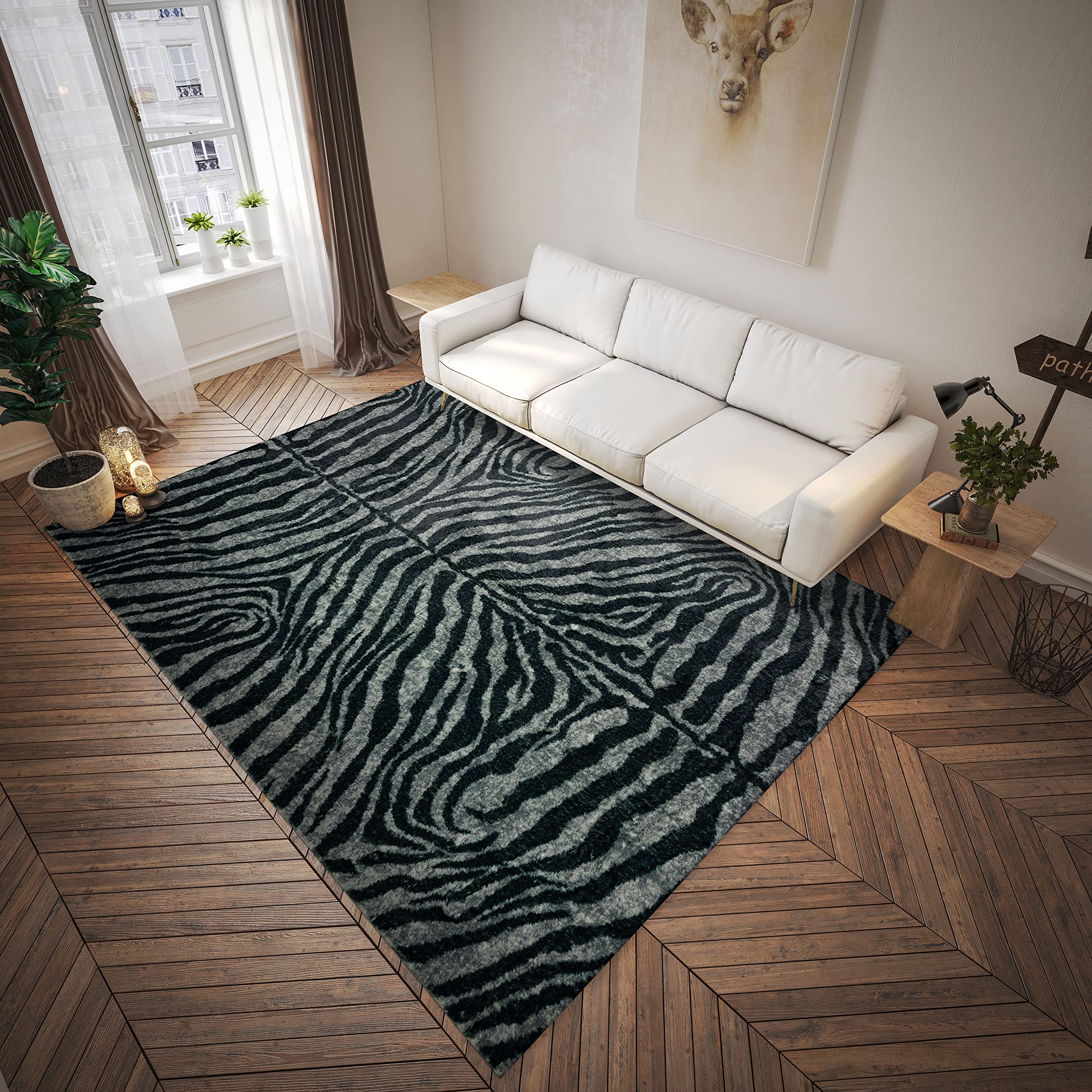 Dalyn Rugs Akina Zebra Animal Print Ak1 Faux Fur Midnight 2'3" X 7'6"