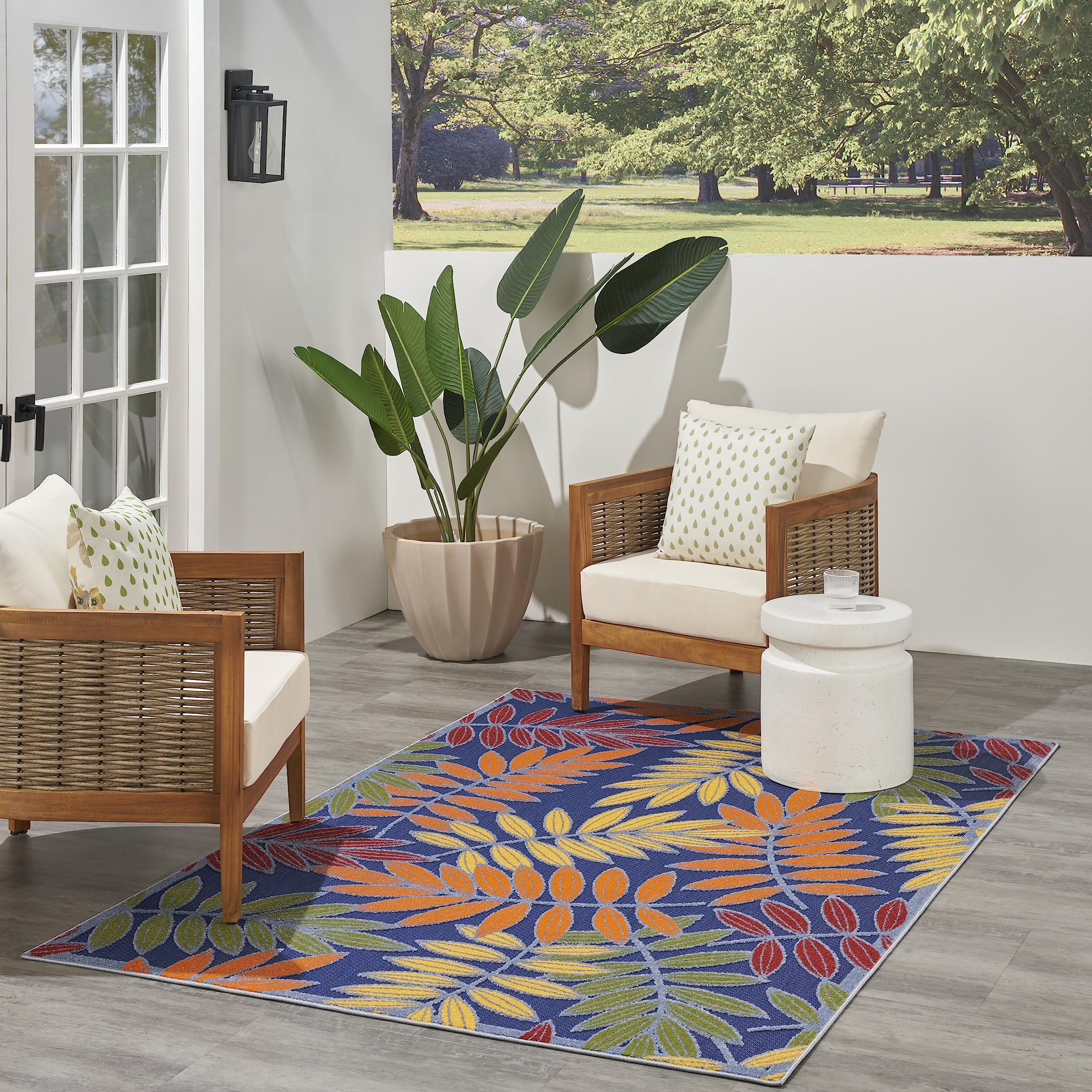 Nourison Aloha Indoor/Outdoor Navy Multicolor 5'3' X 7'5' Area Rug, Easy Cleaning, Non Shedding, Bed Room, Living Room, Dining Room, Backyard, Deck, Patio (5X7)
