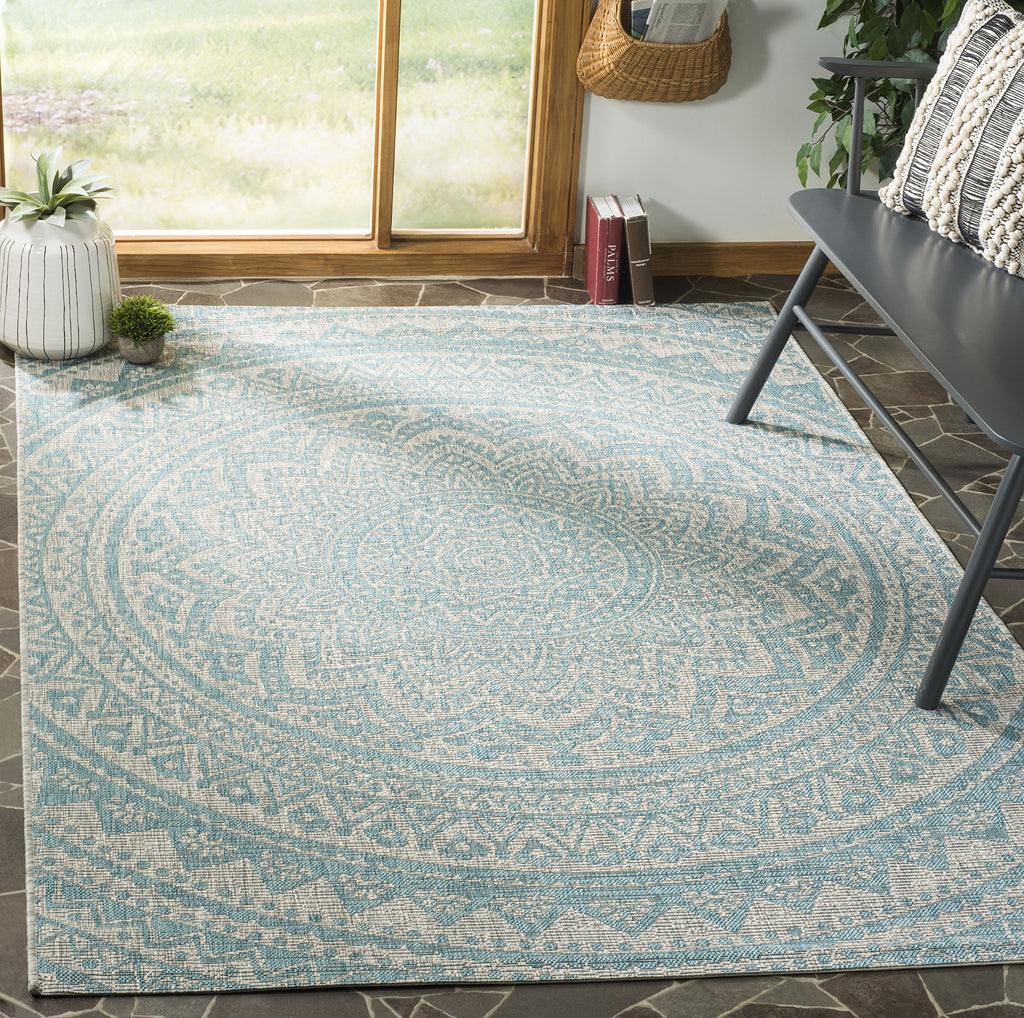 Safavieh Courtyard Collection 4' X 5'7' Grey / Aqua Cy8734 Indoor/ Outdoor Waterproof Easy Cleaning Patio Backyard Mudroom Accent Rug