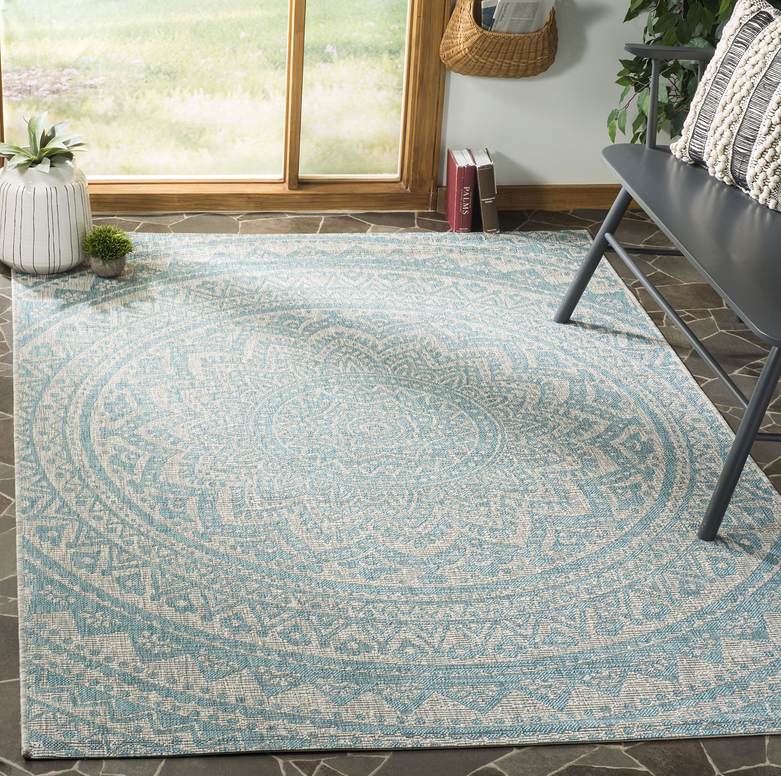 Safavieh Courtyard Collection 8' X 11' Light Grey / Aqua Cy8734 Indoor/ Outdoor Waterproof Easy Cleaning Patio Backyard Mudroom Area Rug